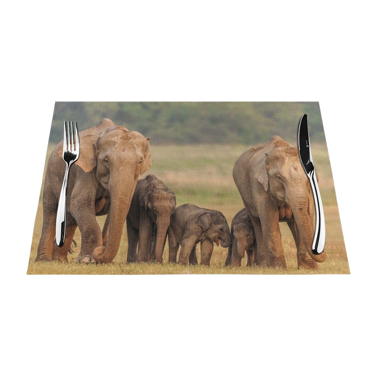 Elephant Family Printed PVC Placemat 4 PCS for Kitchen Dining Table Heat-resistand Washable Table Mats 18x12 in