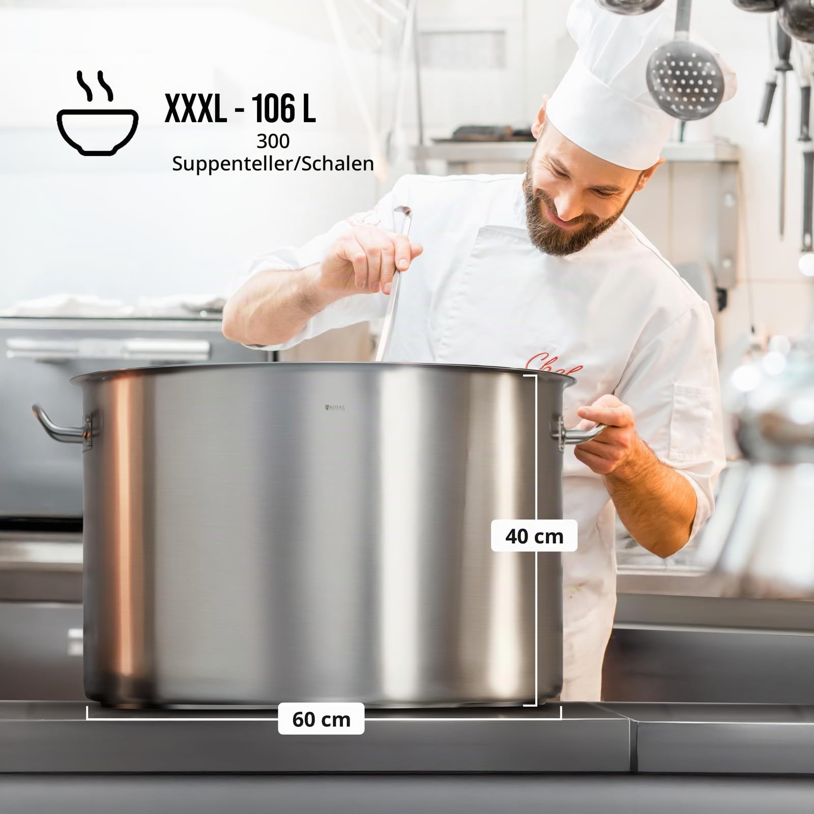 Royal Catering Kochtopf groß 106 L / 60 cm Innendurchmesser Edelstahl für alle Herdarten mit Deckel Induktion-Kochtopf Edelstahl-Topf Suppentopf Induktionstopf
