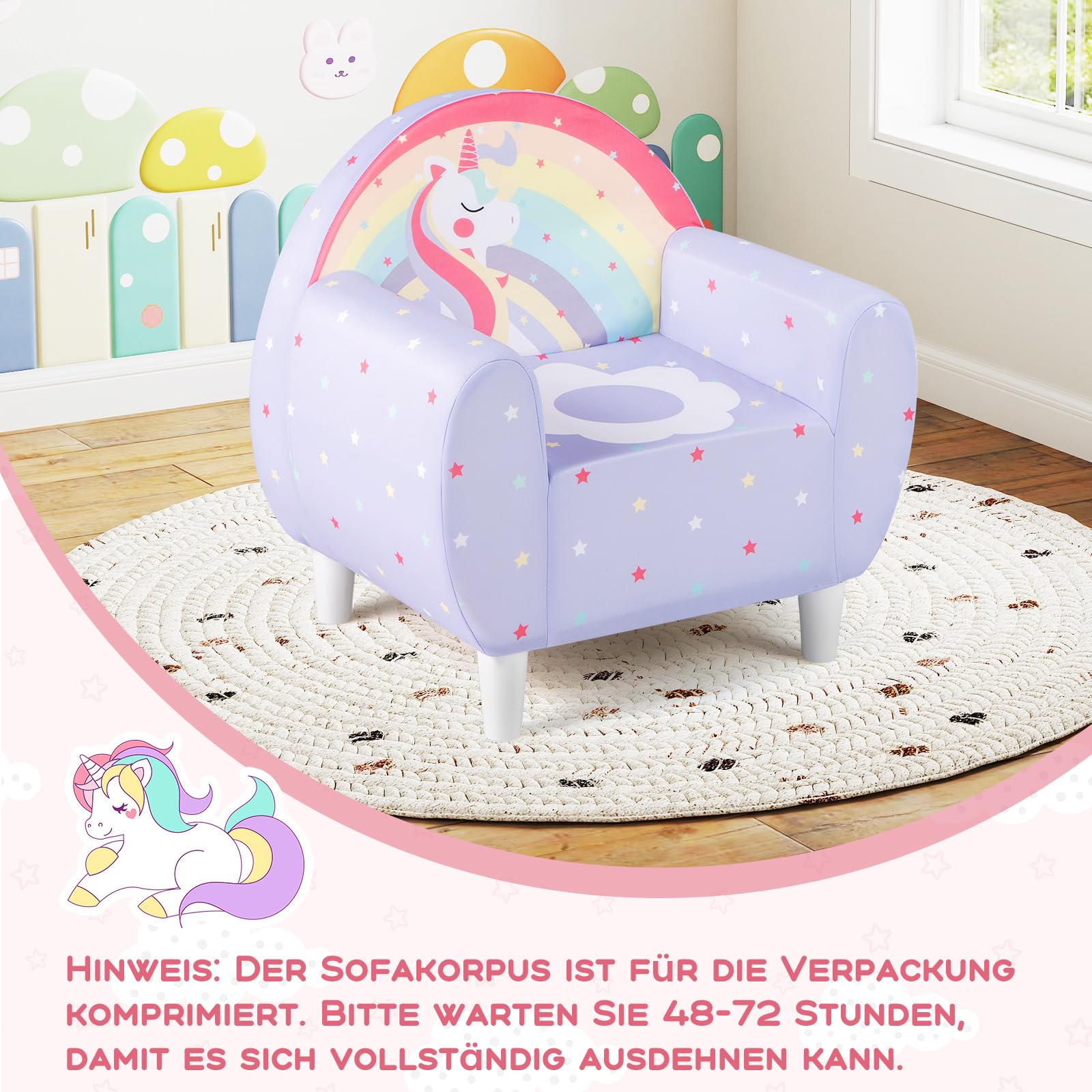GOPLUS Sofa dziecięca Unicorn, fotel dziecięcy z oddychającym materiałem i gęstą pianką, tapicerowana sofa do zabawy, dla chłopców i dziewczynek od 3 lat, obciążenie 50 kg, 55 x 41 x 54 cm (fioletowa)