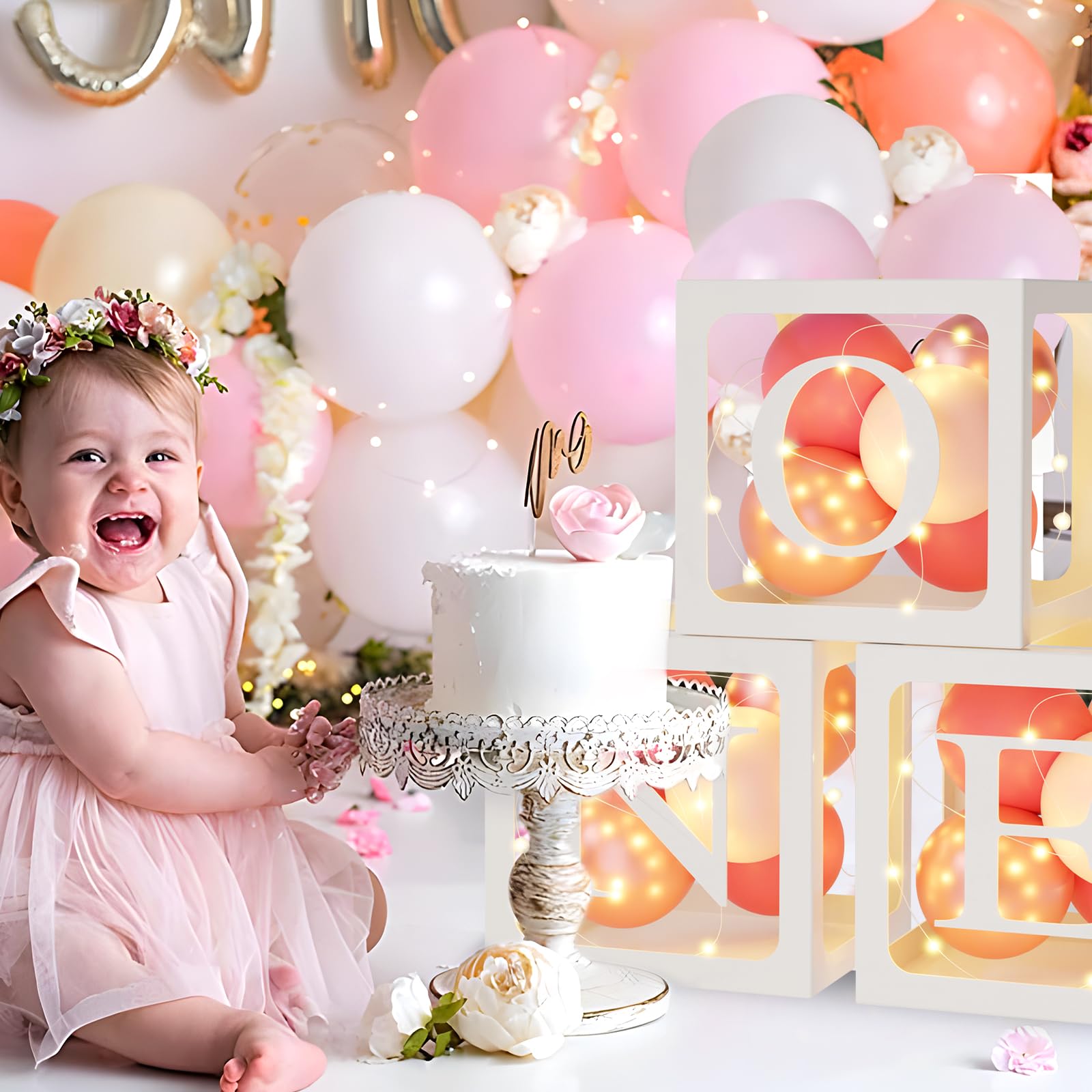 Scatole Decorative per il Primo Compleanno Ragazzi,3 una scatola trasparente e 24 palloncini bianchi rosa con Lettere ONE per il Primo Compleanno Baby Shower gender reveal