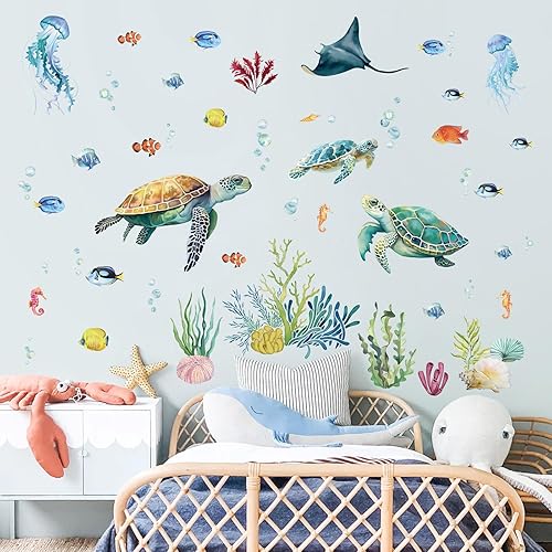 decalmile Under The Sea Turtle - Calcomanías de pared con diseño de tortugas marinas, algas, peces, hierba oceánica, calcomanías de pared, baño,