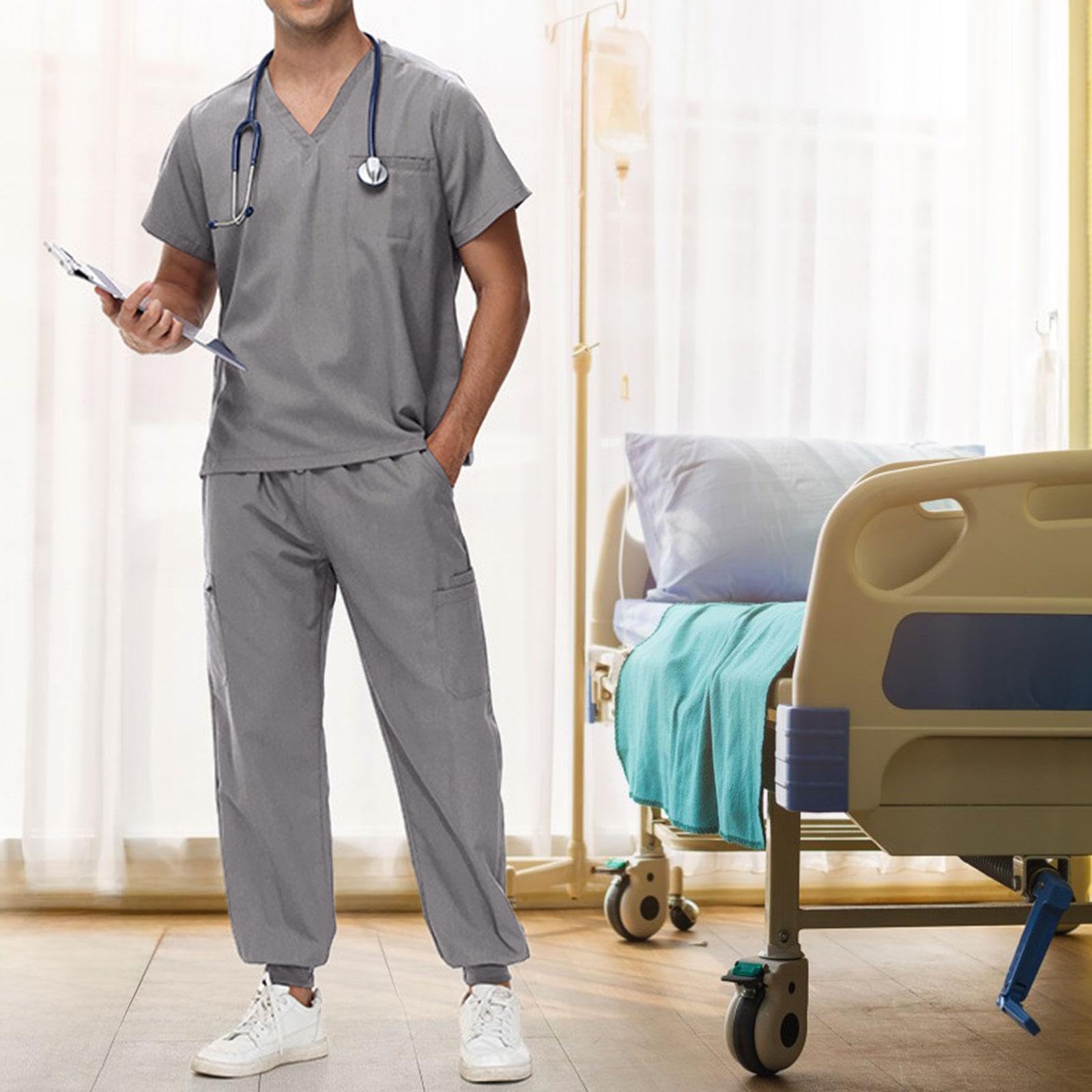 Conjunto de Uniforme de Trabajo para Hombre con Escote en V Y Pantalones, Gris L