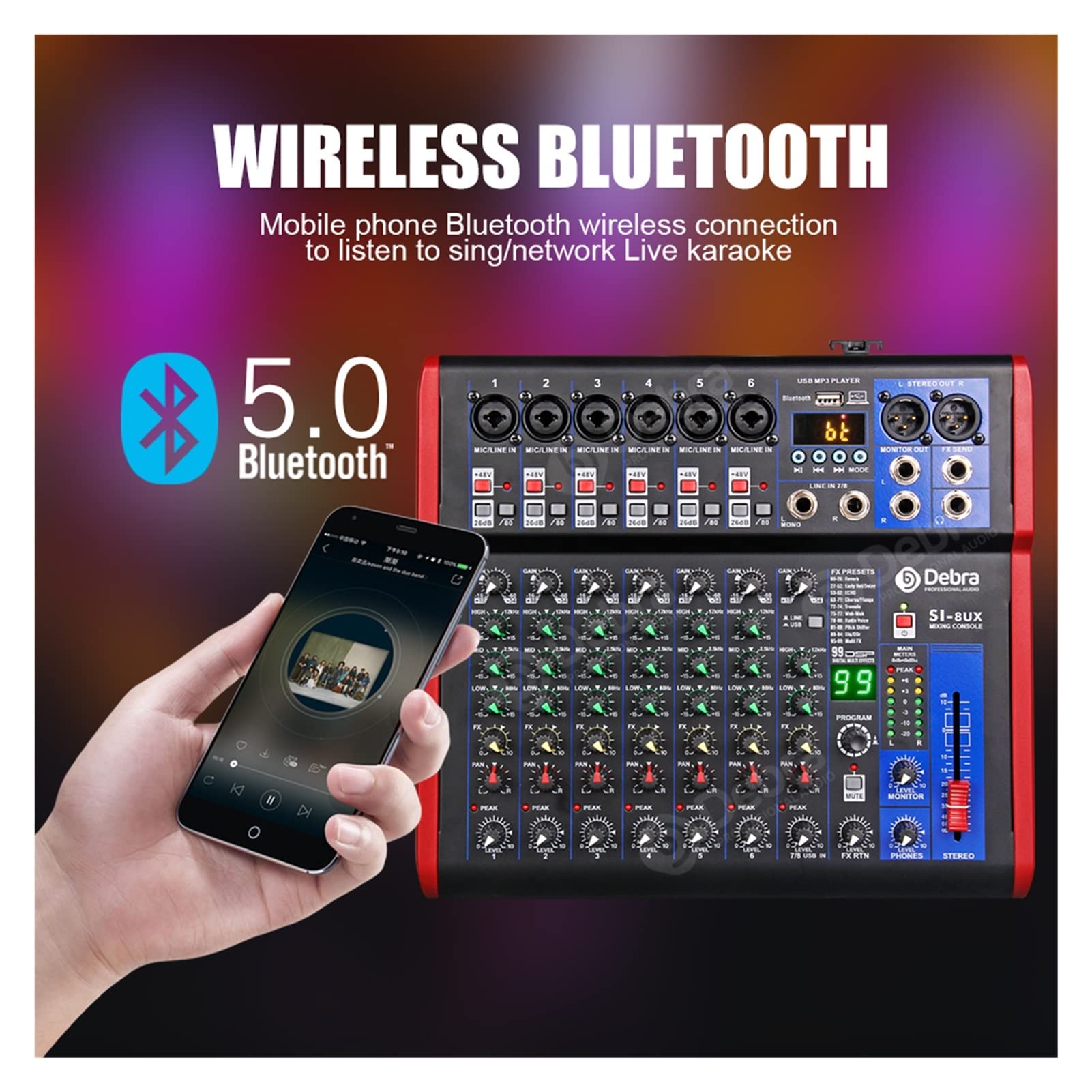 Attrezzatura per DJ per Feste Interfaccia Audio Mixer a 8 canali for DJ Controller della Console di miscelazione Karaoke Recording Studio con 99 Dsp Effetti digitali