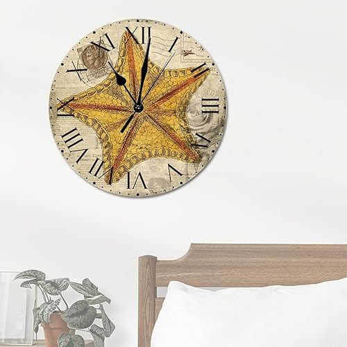 Miniatura 213 de ArogGeld Reloj de pared con diseño de estrella de mar antigua francesa, de cloruro de polivinilo, con números romanos, de 10 pulgadas, funciona