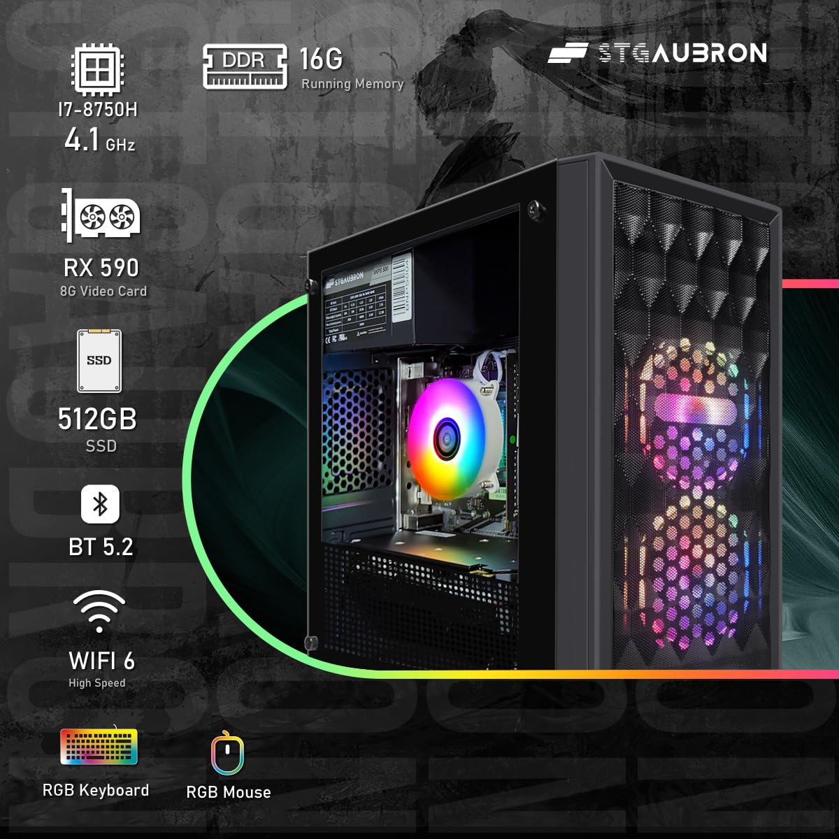 STGAubron Gaming PC Computer Desktop, Intel Core i7 8th Gen up to 4.1GHz, Radeon RX 590 8G, 16G DDR4, 512G SSD, WiFi 6 & BT 5.2, RGB Fan x2, Windows 11 Home