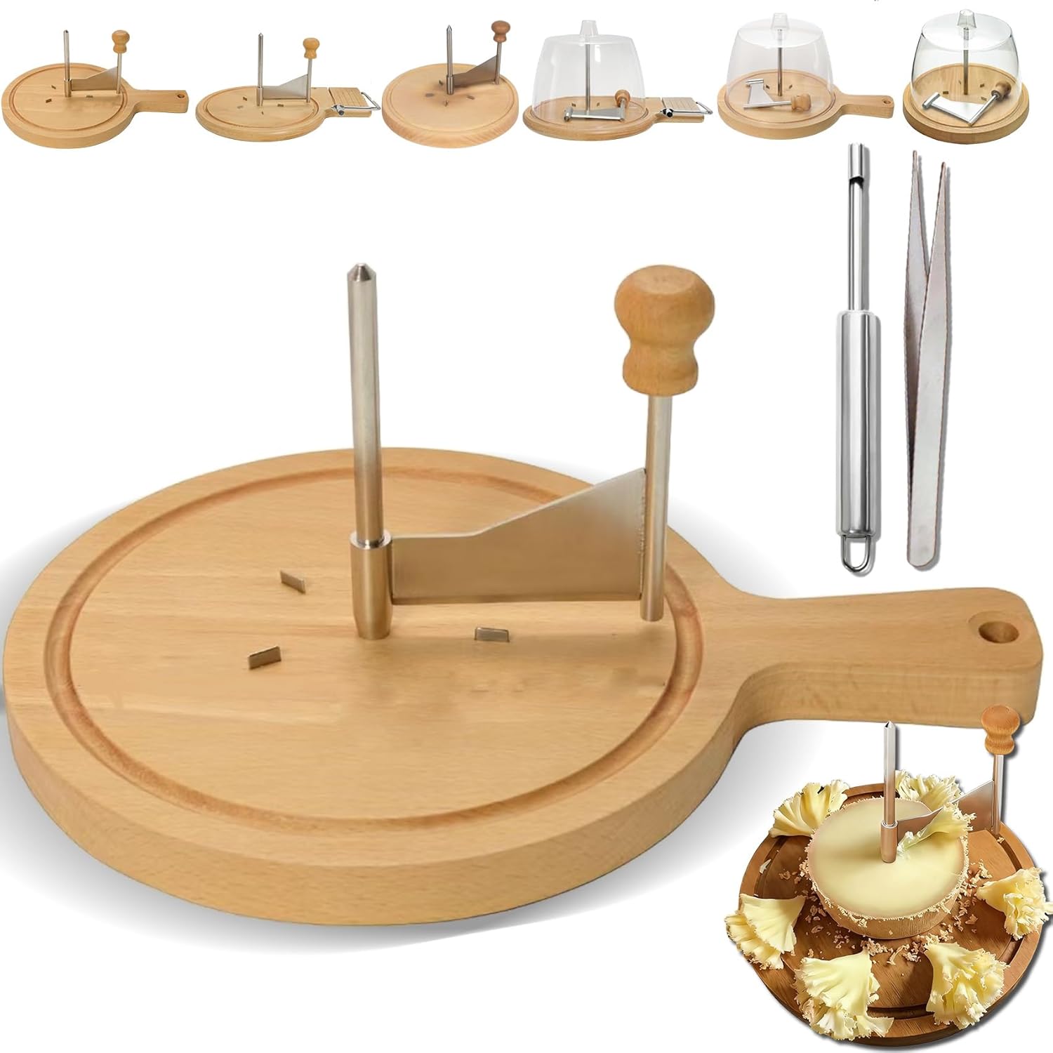 Cheese Curler Wheel, Cheese Curler Flower Maker Wheel Slicer, Cheeses Flower Shaver, Sharp Blade, Wood Base, with Lid for Cheeses, Chocolate (with Handle,Without Lid)