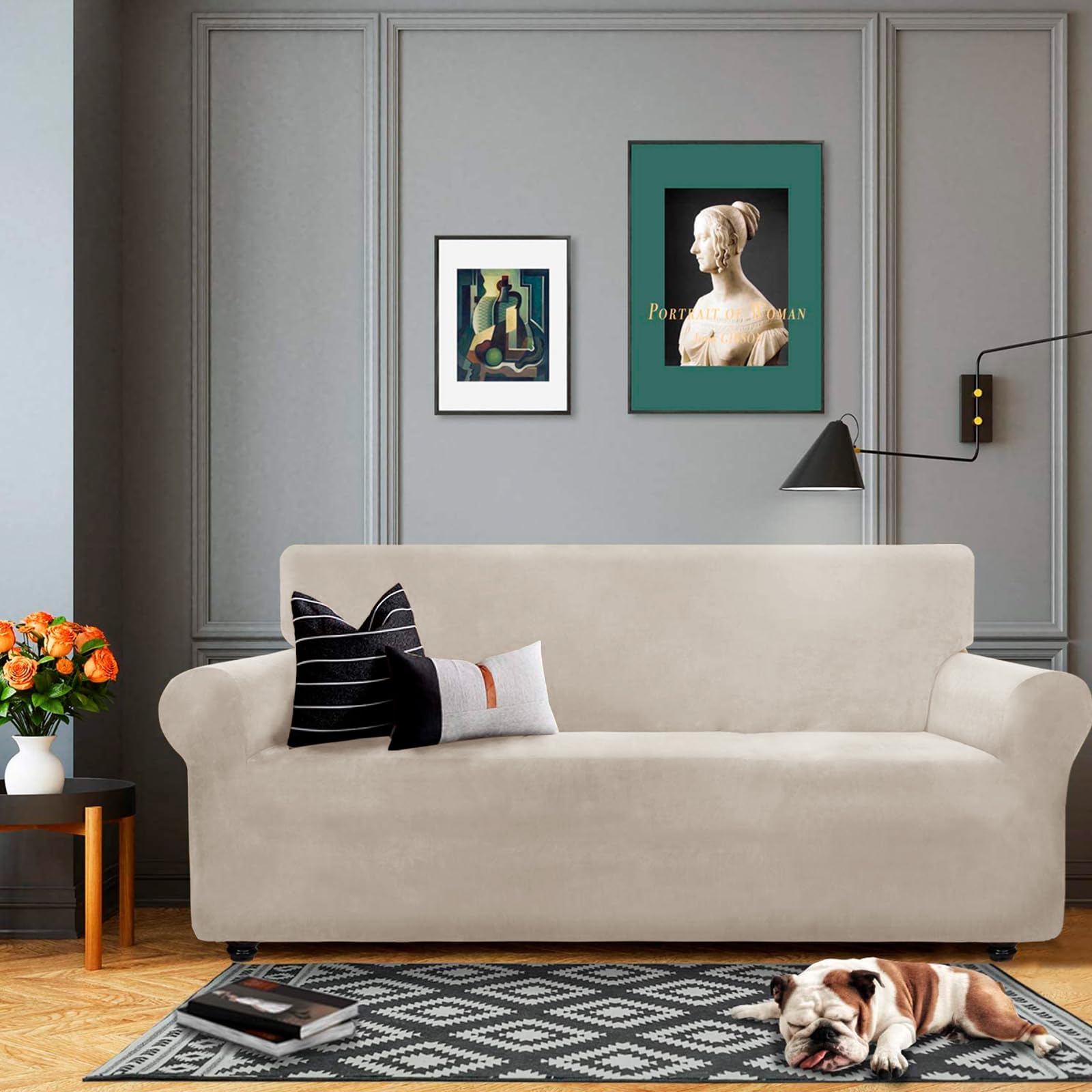 XINEAGE Copridivano in Velluto 4 Posti, Copridivano Antigraffio Gatto, Copridivano Elasticizzato, Copridivano Morbidi e Spessi il Soggiorno, Cani e Animali Domestici (4 Posti, Cachi)