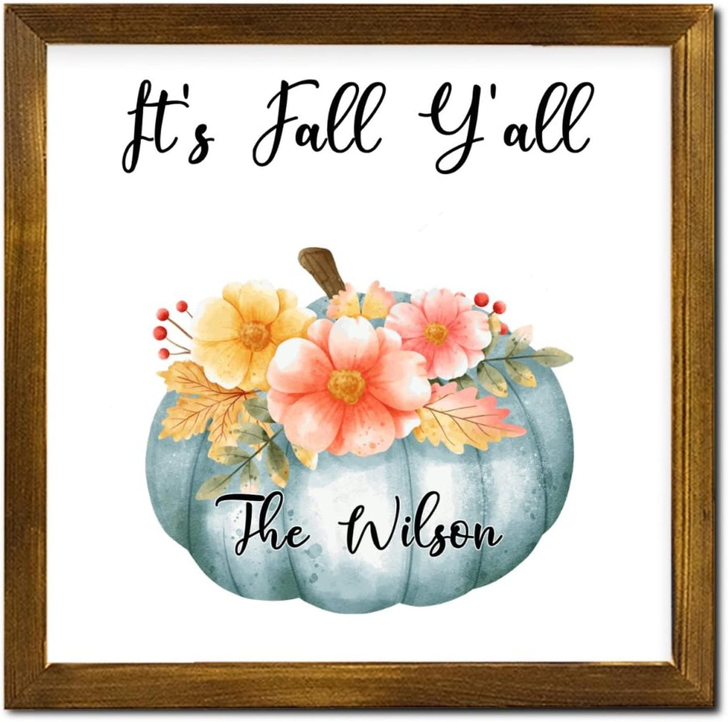 It's Fall Y'all Framed Wooden Signs Pumpkin Sunflower Custom Name Wood Plaque Sign Rustic Harvest Thanksgiving Wood Home Wall Decorative for Home Bedroom Living Room Bathroom 12x12 inch