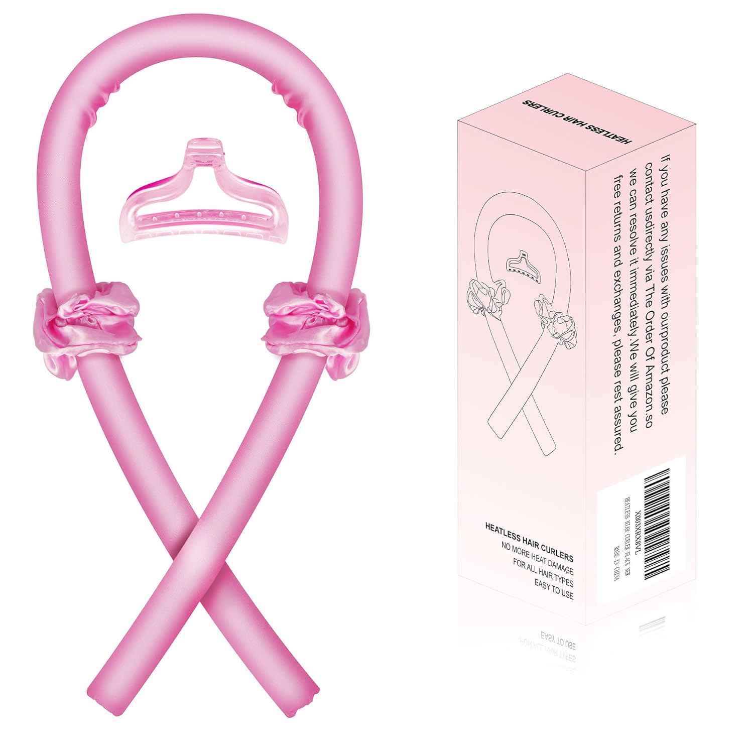 Hair Rollers for Heatless Overnight Curls - Soft Rubber Curling Rod Headband and Hair Claw Clip Set - Satin Pink