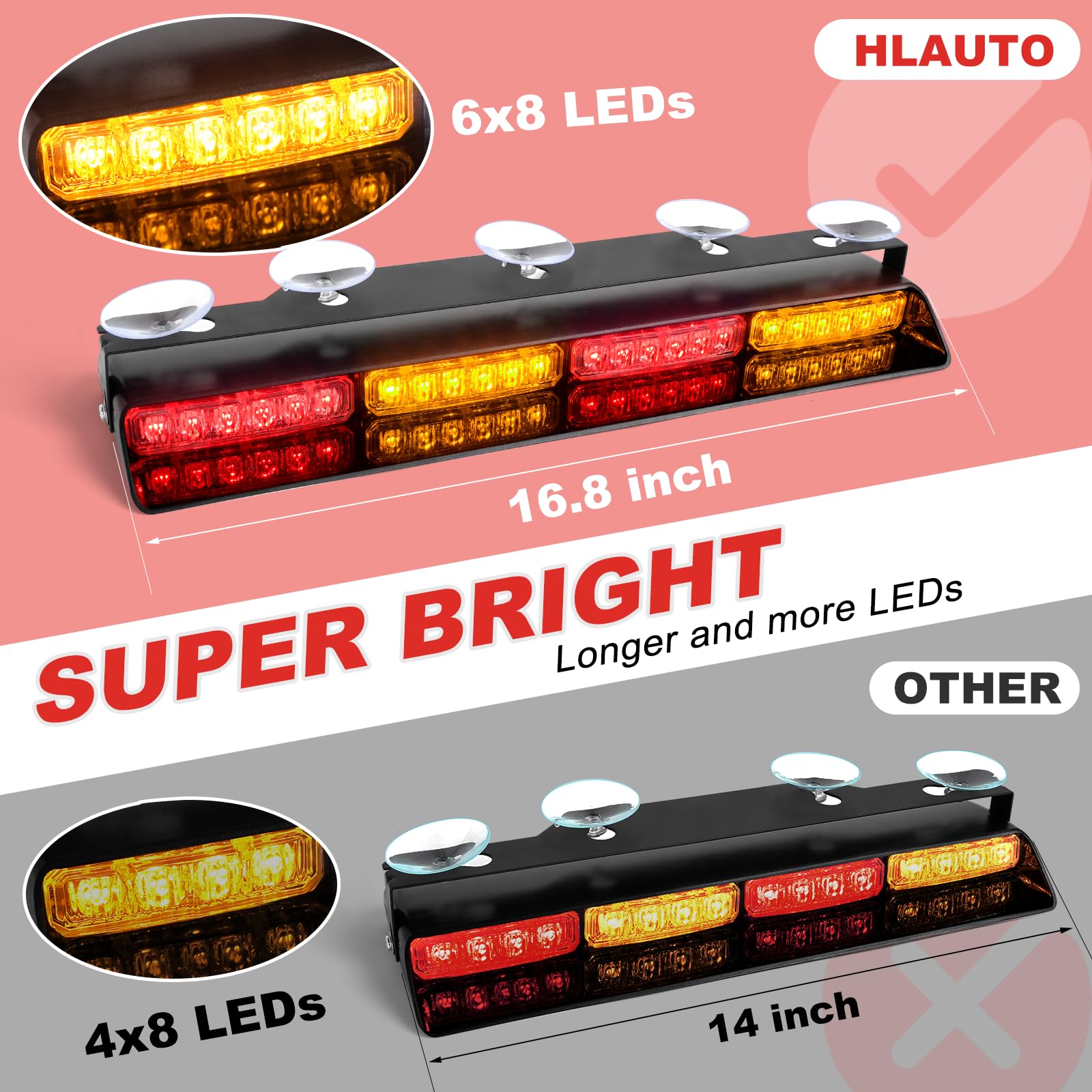 HLauto 604N - Luces estroboscópicas de emergencia con controlador, 5 x 42,7 cm, luz de seguridad roja ámbar con despegue, 48 LED intermitentes de seguridad, peligro, barra de luz interior para