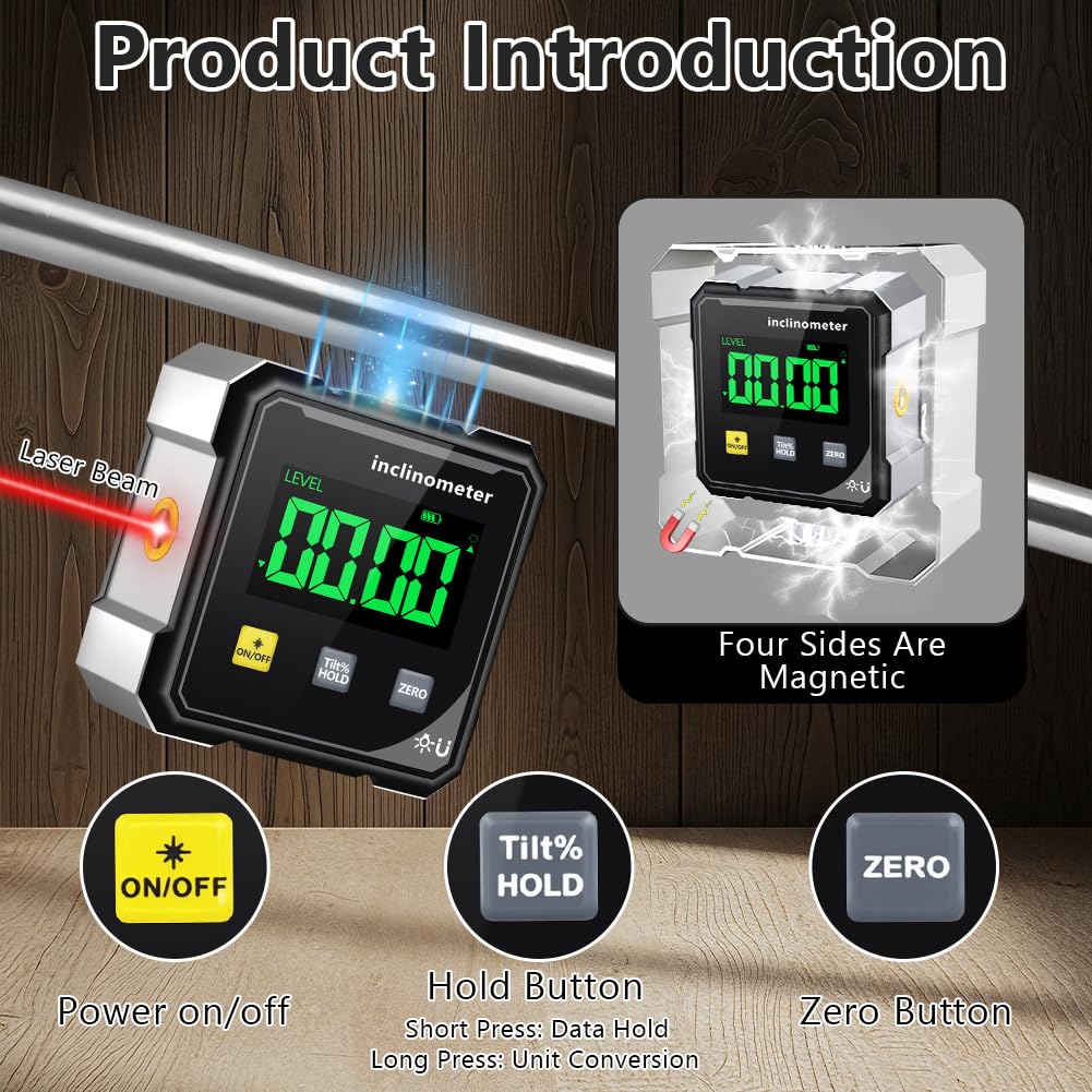 Flintronic Magnetyczny cyfrowy detektor kątowy, cyfrowy inklinometr z laserem elektronicznym, mocny 4-stronny magnetyczny kątomierz z wyświetlaczem LCD, do obróbki drewna, prac, maszyn