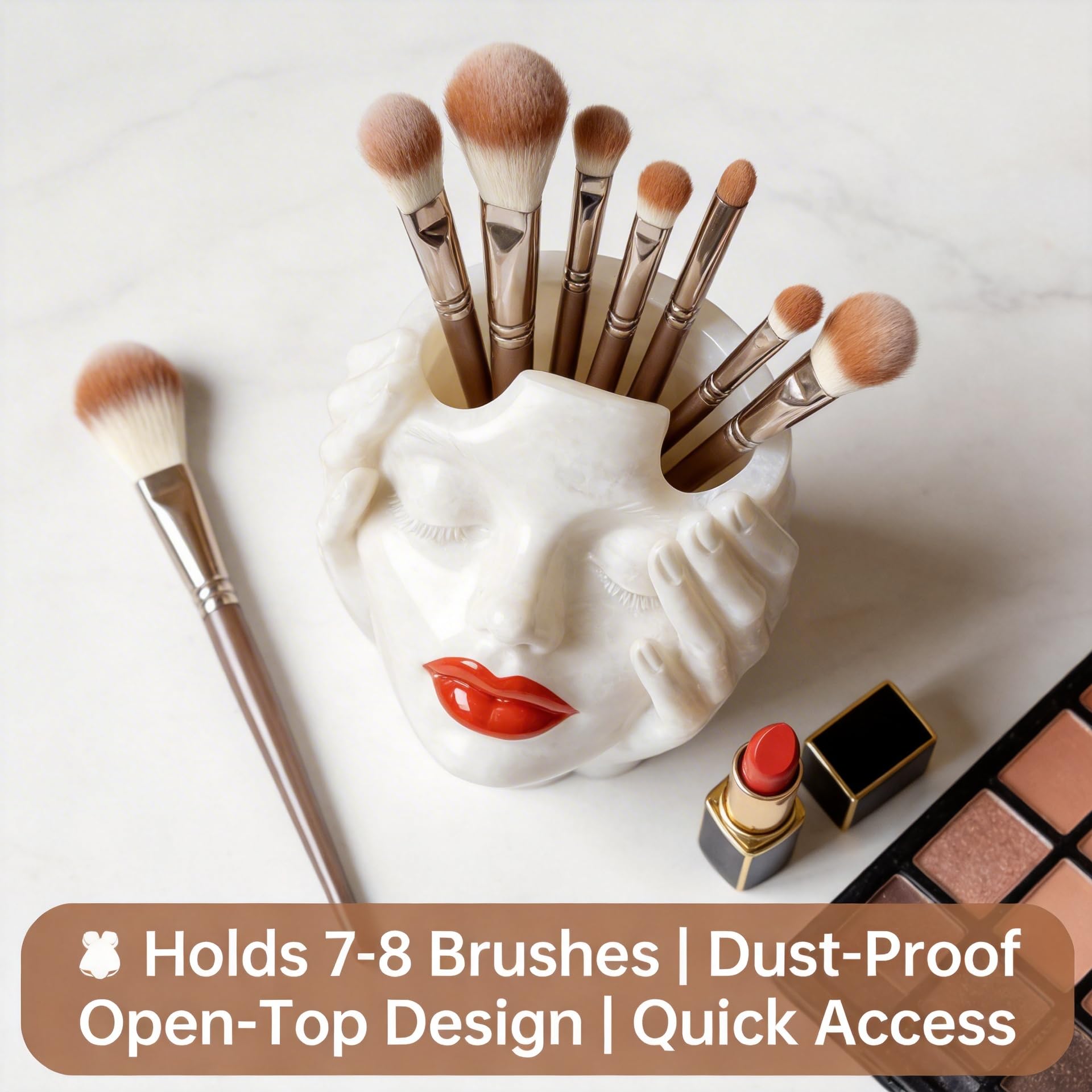 Organizzatore artistico per pennelli da trucco femminile bohémien con design dipinto a mano, confezione da 1 porta cosmetici in ceramica per decorazione da piano di lavoro (bianco crema, 12 x 8