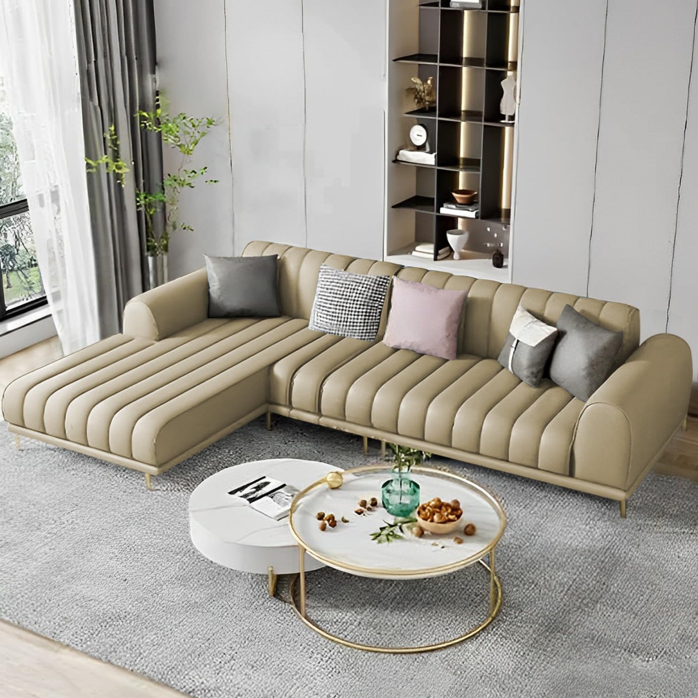 Derrick LHS 4 Seater L Shape Sofa Set for Living Room (Cream) Premium Velvet Fabric Sofa-image-29