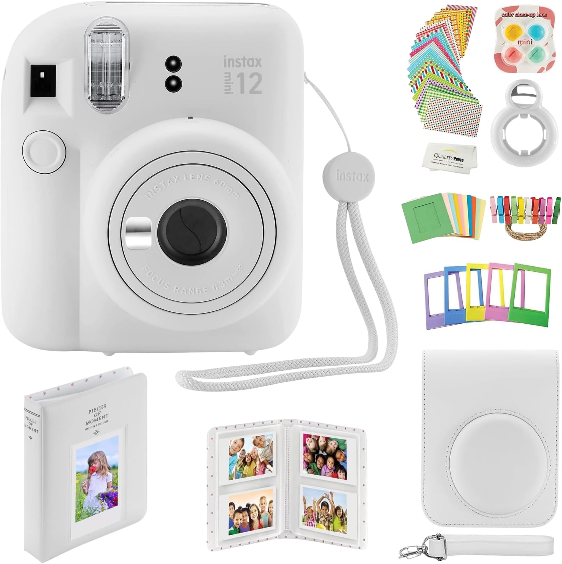 Instax Mini 12 Instant Camera with Case, Decoration Stickers, Frames, Photo Album and More Accessory kit (Clay White)