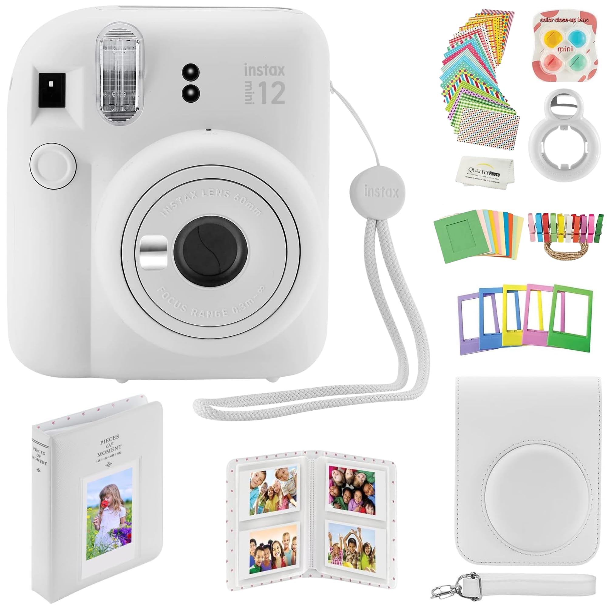 Fujifilm Instax Mini 12 Instant Camera with Case, Decoration Stickers, Frames, Photo Album and More Accessory kit (Clay White)
