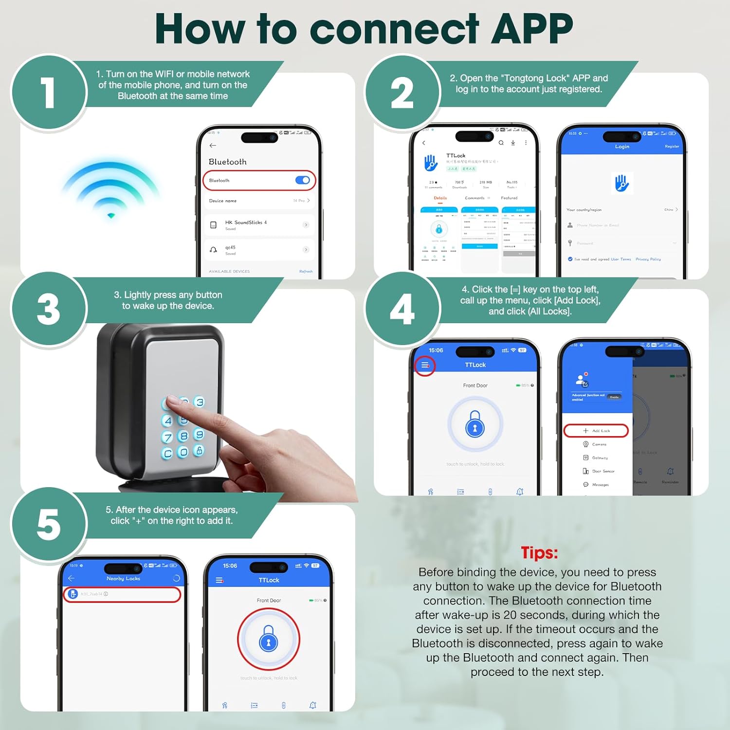 Step-by-step guide on how to connect the Thlevel Smart Key Lock Box to the TTLock mobile application, showing screenshots of the app interface and interaction with the lock box.