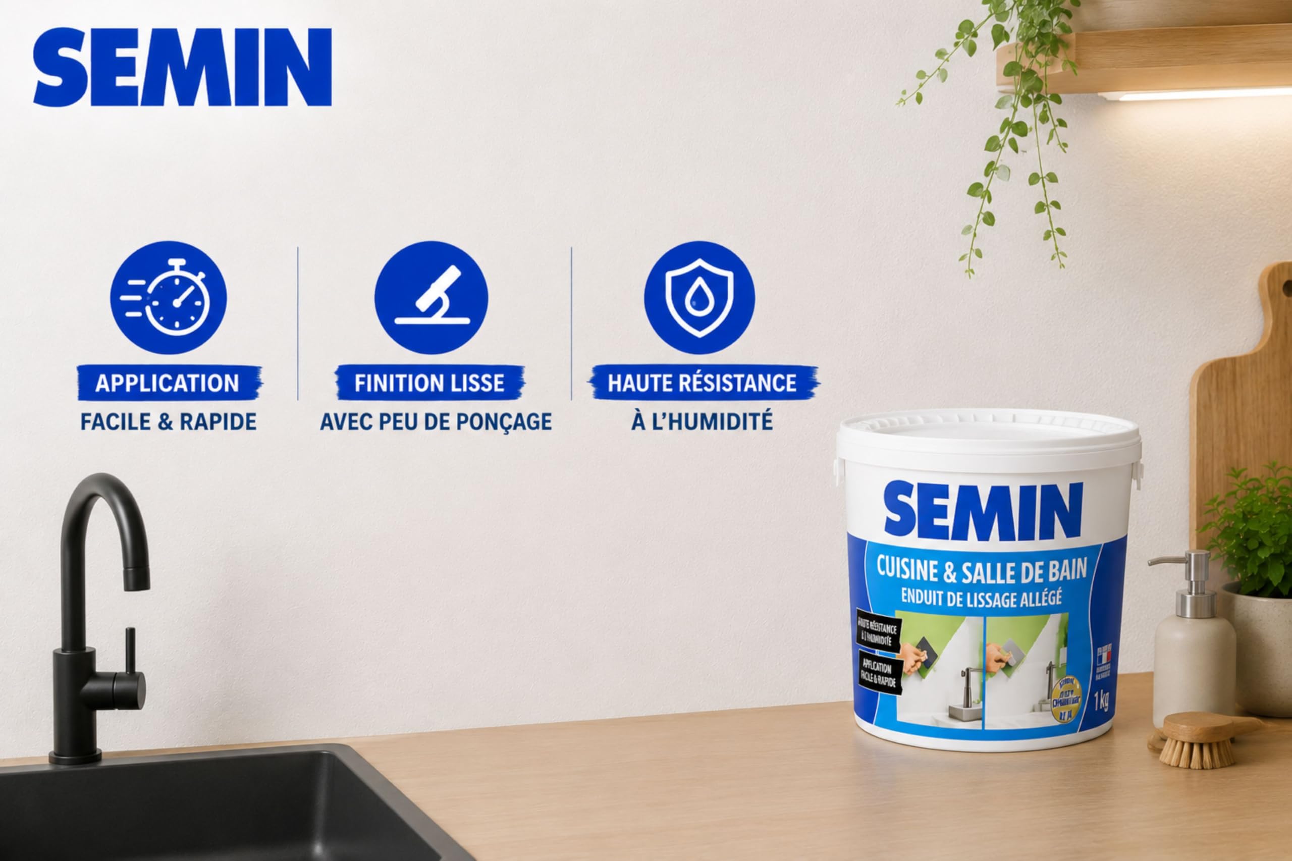 SEMIN Kit Lissage Salle de Bain & Cuisine – Enduit Hydro Pièces Humides 1 kg + Lame CE 78 15 cm + Raclette à Lisser – Prêt à l’Emploi – Finition Murale Avant Peinture- Cuisine & Salle de bain