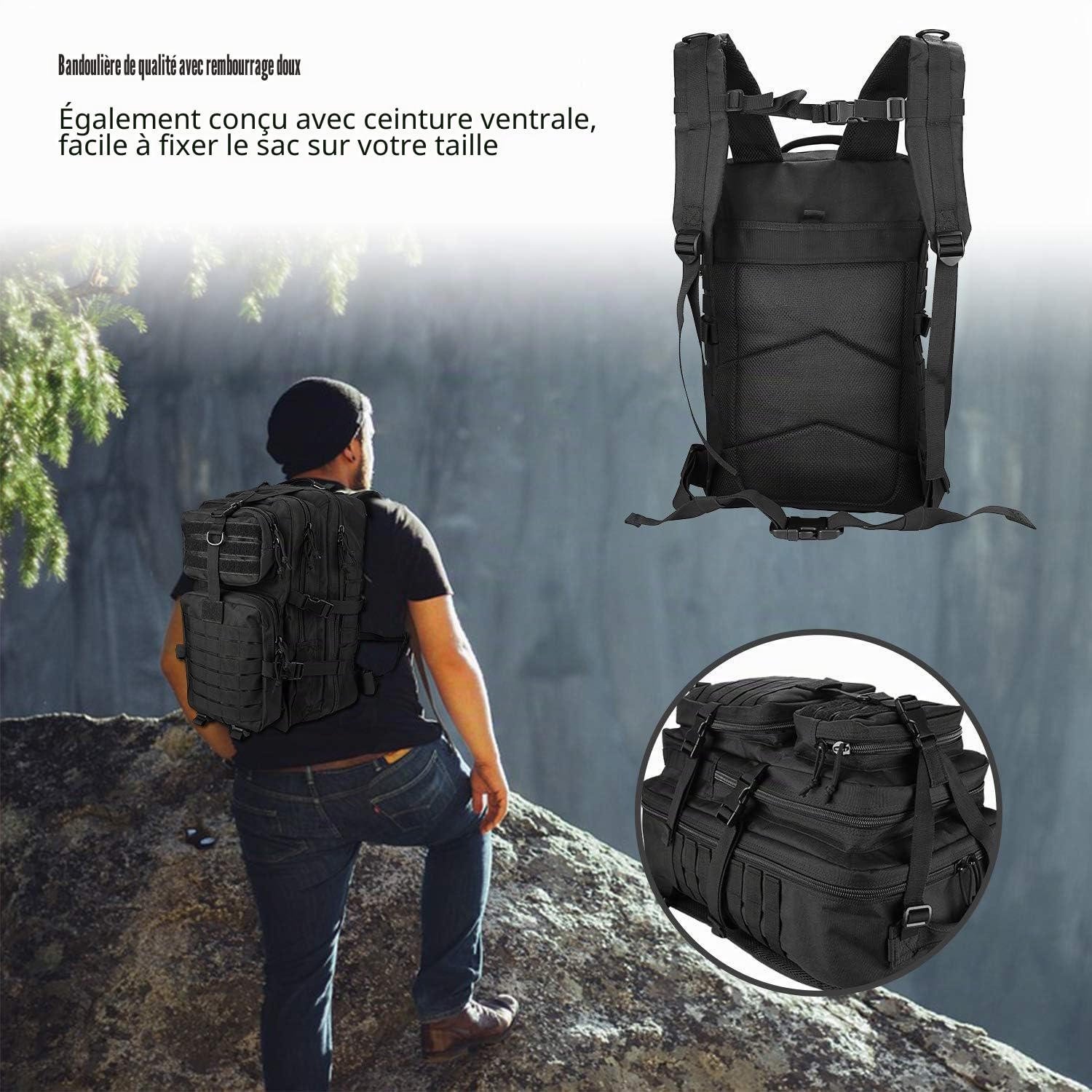 ProCase Sac à Dos Style Militaire, 42L Grand Volume Sac à Dos Multifonction, pour École/Trekking/Randonnée/Camping/Voyage/Pêche/Escalade/Alpinisme/Alpinisme ou Utilisation Quotidienne-Noir