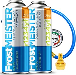 2in1 – Auto-Klimaanlagen-Nachfüllset (2X 400 ml Dose + Schlauch mit Manometer & Adapter) – Für R1234yf (ab Baujahr 2017), schnelle, einfache & umweltfreundliche Anwendung