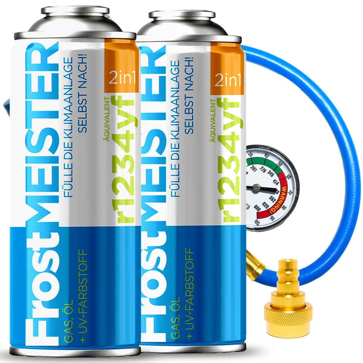 2 in 1 – Set di ricarica per aria condizionata auto (2 bombolette da 400 ml + tubo con manometro e adattatore) – per R1234yf (a partire dall'anno di costruzione 2017), applicazione rapida