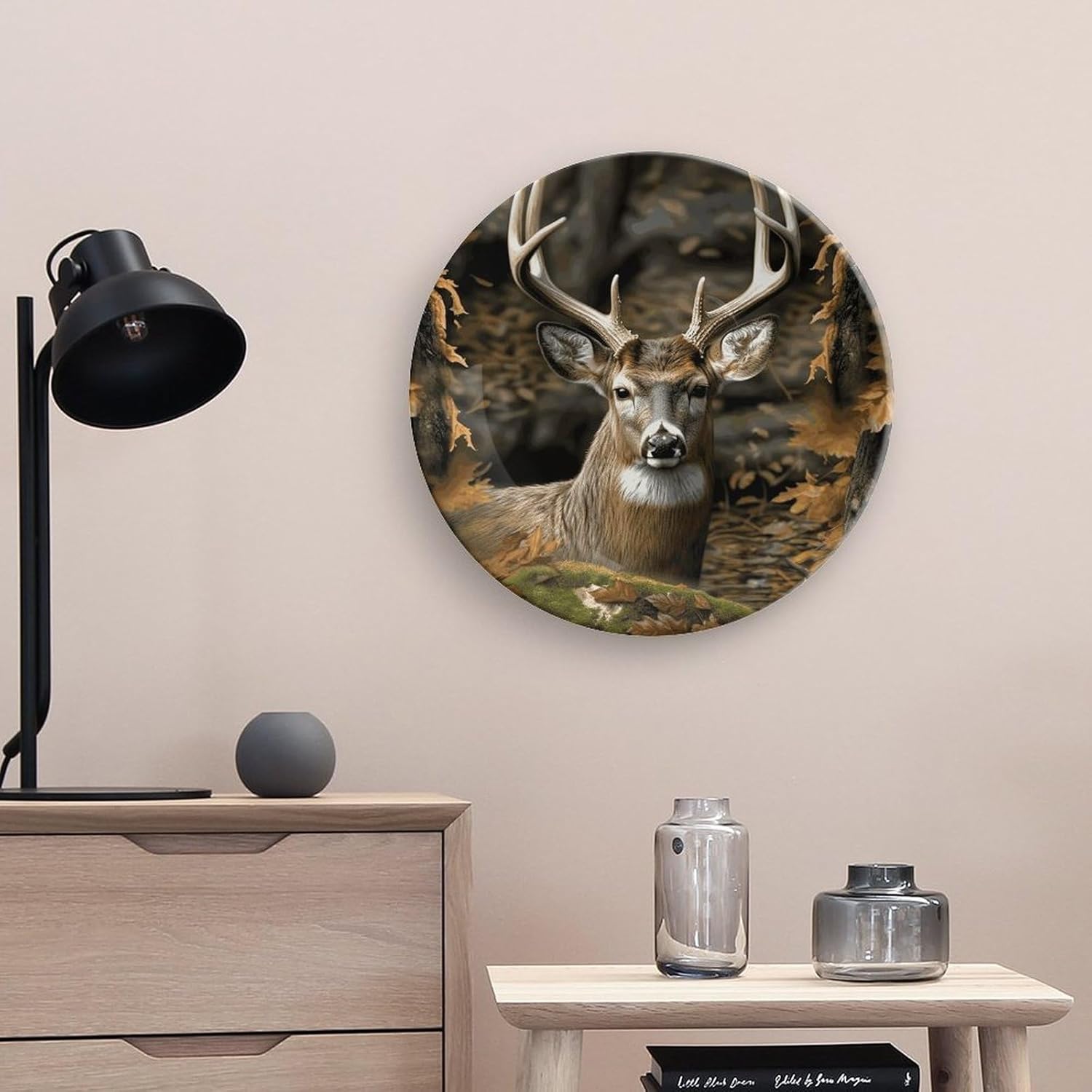 Camouflage Deer Bone China Decorative Plate with Display Stand, Ceramic Ornaments Plate for Wall Hanging, Personalized Porcelain Plates for Office, Living Room 10inch