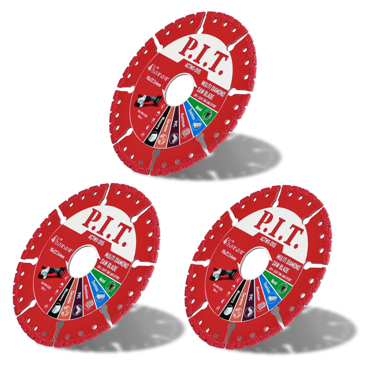 P.I.T. 3-Pack 4-1/2" Vacuum Brazed Diamond Cutting Disc, 7/8" Arbor Angle Grinder Blade for Rebar, Angle Iron,Stainless Steel, Long Life 5000+ Cuts