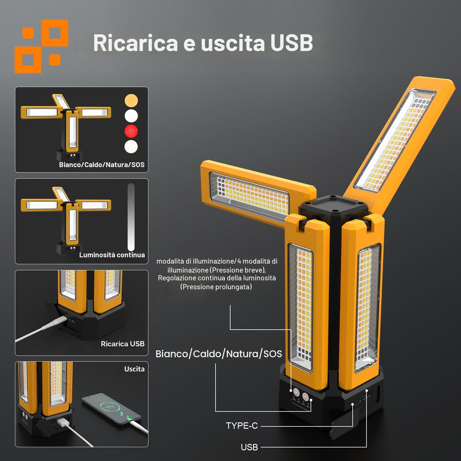 Faretto Led Solare Ricaricabile con Supporto e Borsa Per il Trasporto, Batteria 13200 mAh, 8000 Lumen, Dimmerabile Continuamente Luci da Lavoro, Bianco/Caldo/Bianco Naturale/Rosso (SOS)