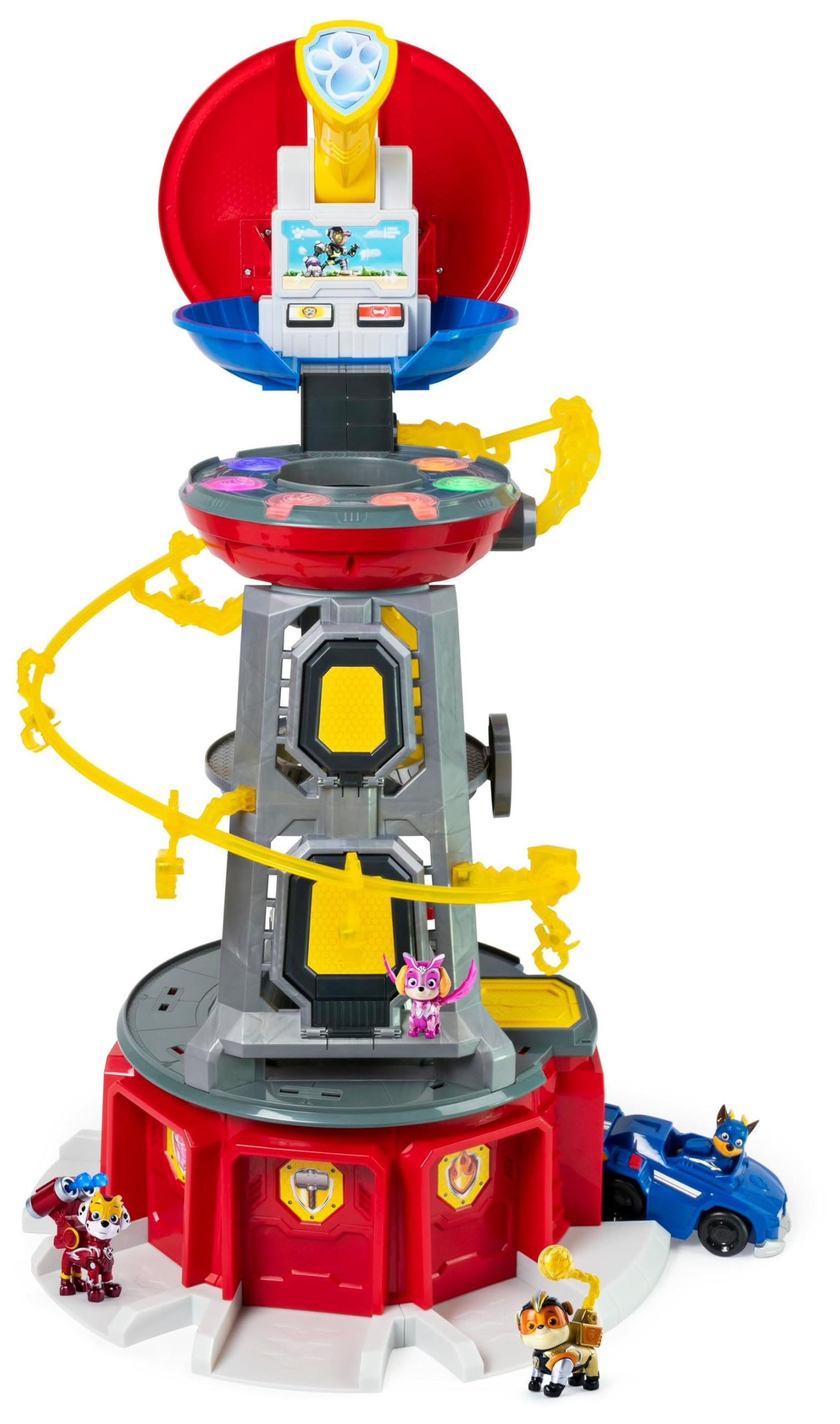 PAW PATROL, Mighty Lookout Wieża z 4 dodatkowymi ekskluzywnymi figurkami akcji, zabawkowym samochodem, efektami świetlnymi i dźwiękowymi, zabawka dla dzieci od 3 lat