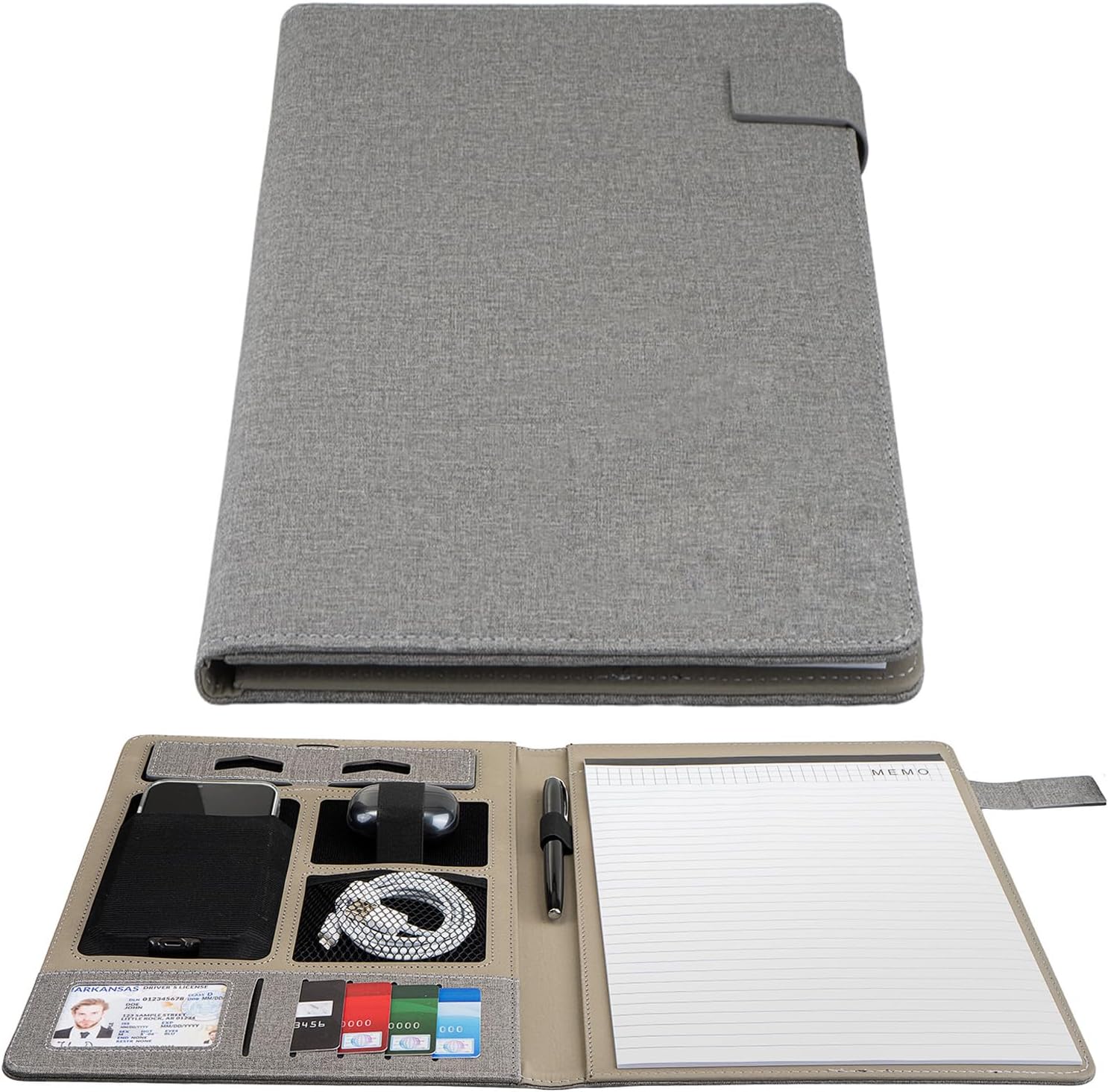 Gift for Men Portfolio Binder, Padfolio Folder All-in-One, Organizer Folder for Colleague Staff, with Card Slots, Writing Pad, Memo, Perfect for Men Christmas, Birthday, Anniversary, Fathers Day, Grey