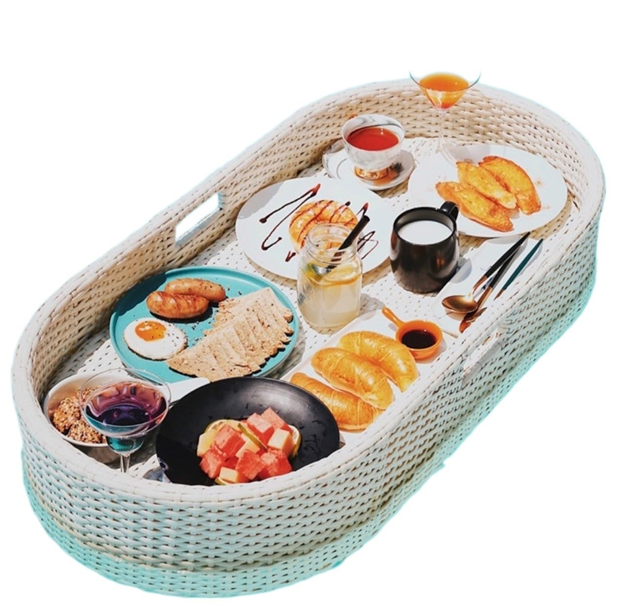 Getränkehalter Pool für Sommer Rattan Schwimmendes Tablett Serviertablett Tisch Bar Schwimmbad Schwimmt Für Sandbänke Spas Partys Inflatable Bar Pool