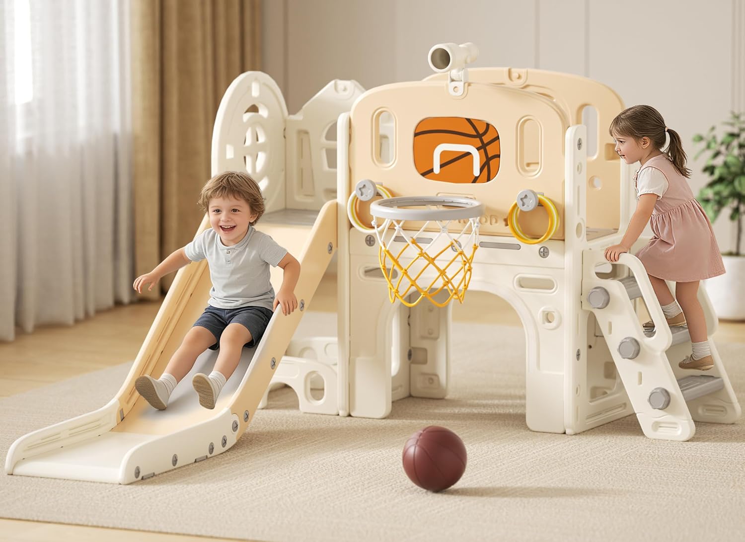 XJD 8 in 1 Toddler Slide Set, Kids Slide for Toddlers Age 1+, Climber Slide PlaySet with Basketball Hoop and Ball,Outdoor Indoor Playground for Toddlers 1-3 (Beige, Small)