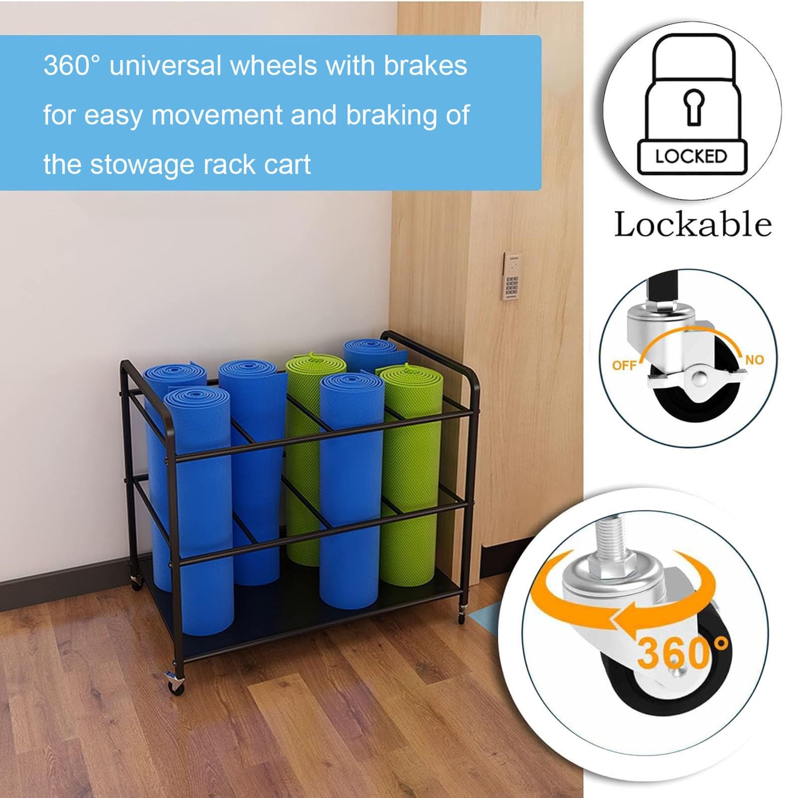 Cesta de almacenamiento para esterilla de yoga con ruedas para gimnasio en casa, perfecta para bloques de yoga, rodillos de espuma, bandas de resistencia, accesorios de ejercicio, solución de ahorro