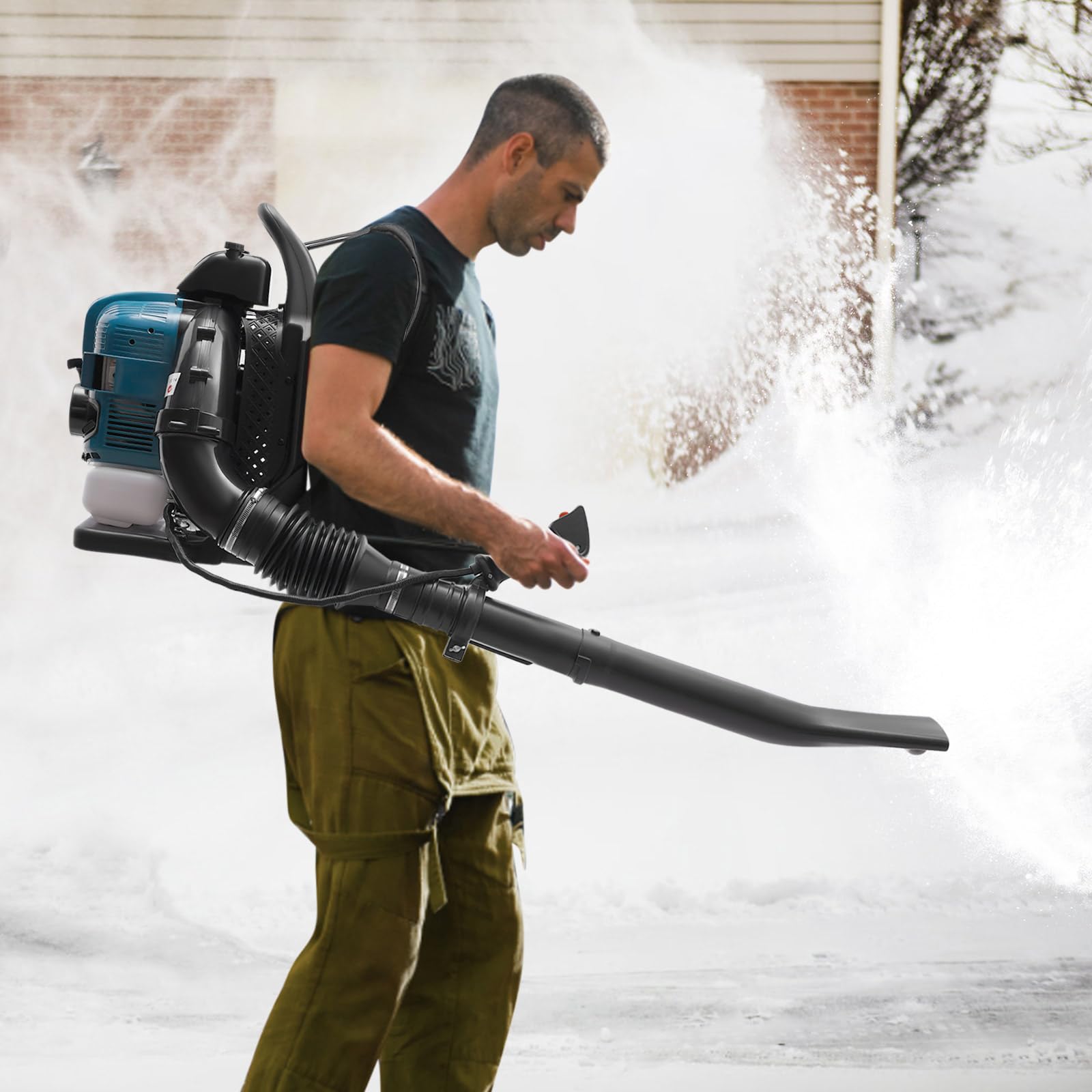 Soplador de hojas portátil en la espalda, 75,6 cc, gasolina de 4 tiempos, 2600 W, soplador de hojas con 7000 rpm y 498 ft³/s de volumen de aire, potente soplador para hojas, césped y nieve