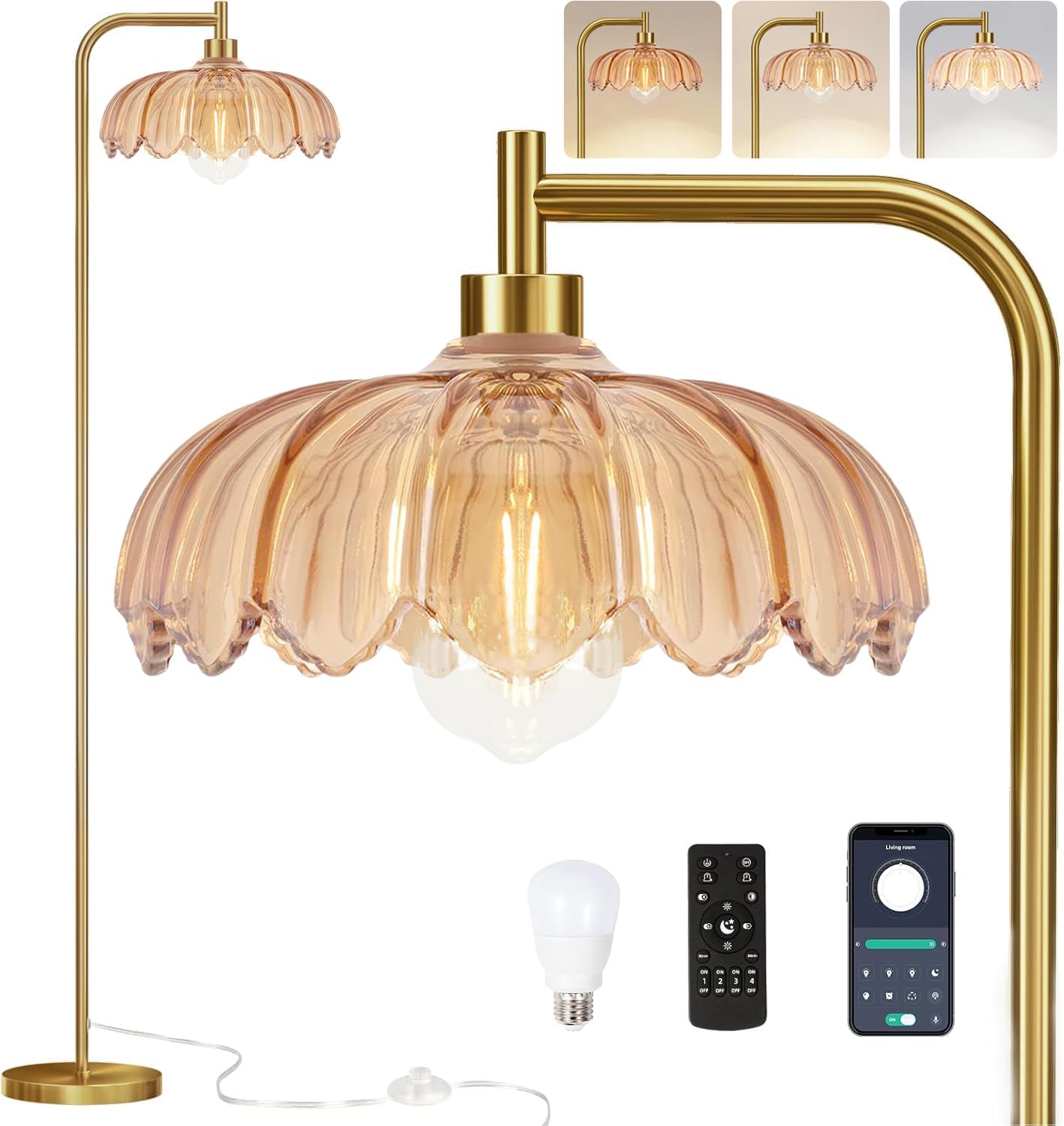 Brass Dimmable Floor Lamp Gold Glass,Tall Lamp Mid Century Modern Retro Standing Lamp with Remote Green Floor Light Lamp Boho Vintage Bohemian Bedroom