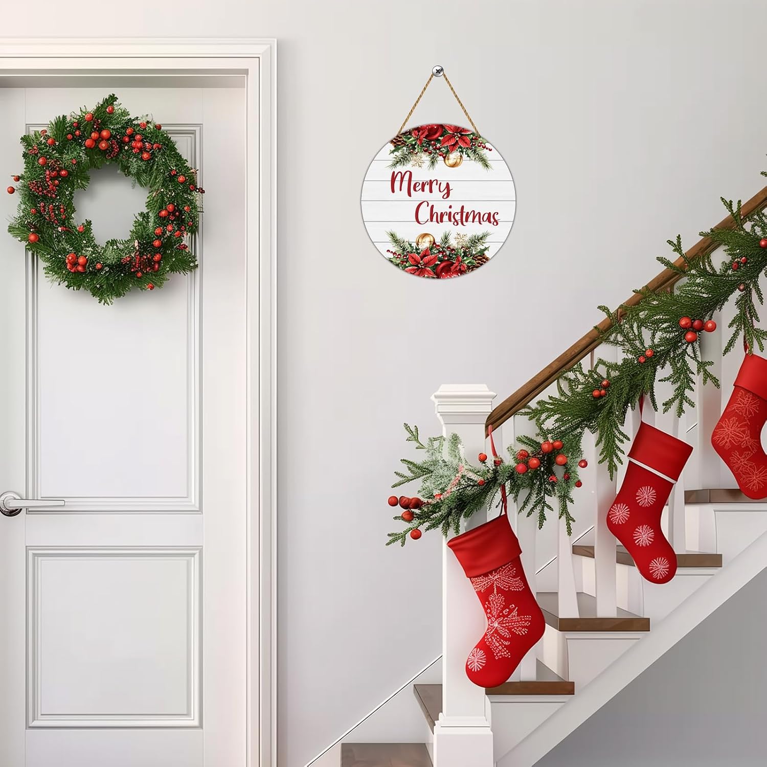 Christmas Door Decorations Merry Christmas Sign Wall Decor Grass Berry Flowers Bells Hanging Sign Wreath Wooden Front Door Hanger for Wall Indoor Home Decorations
