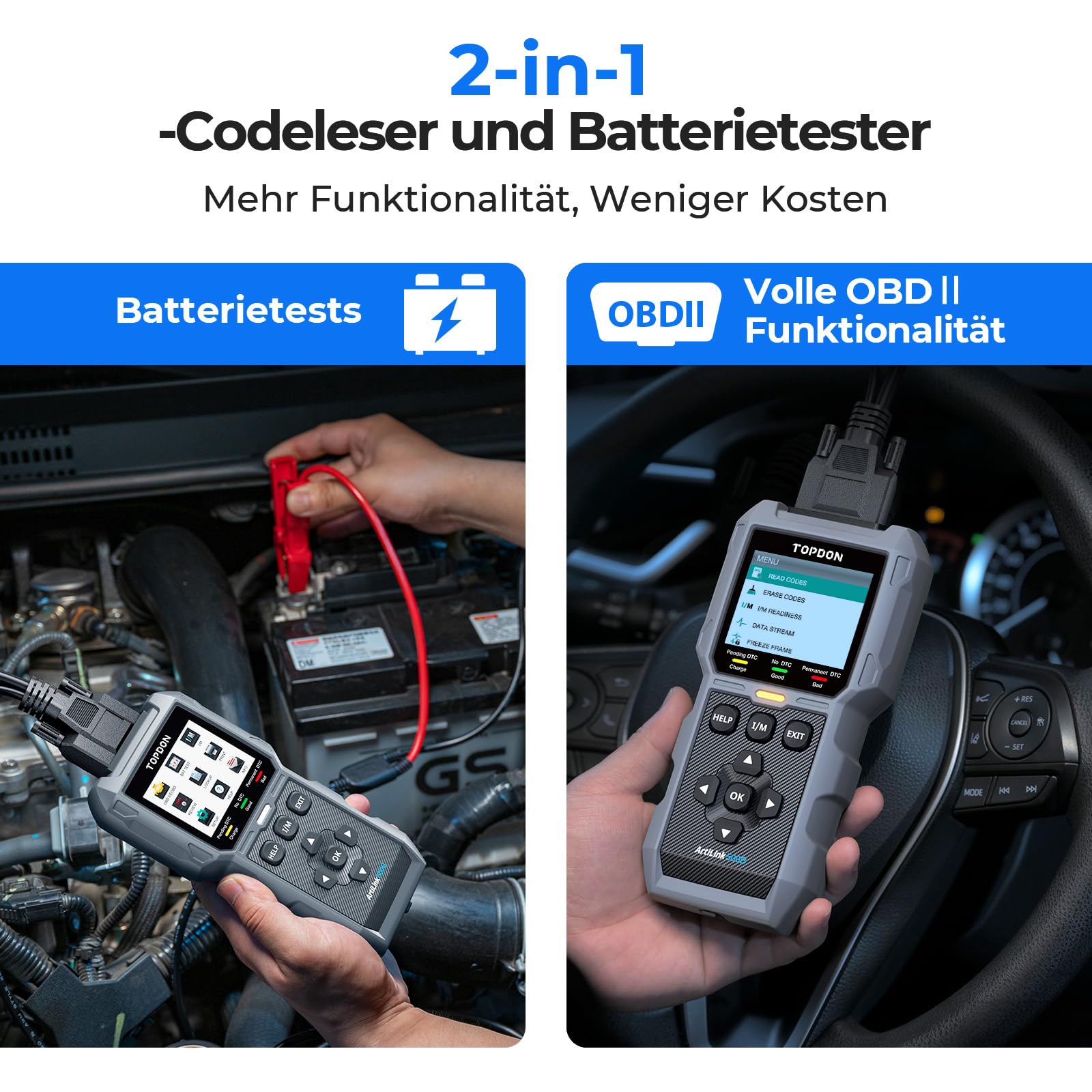 TOPDON ArtiLink500B OBD2 Diagnosegerät Auto und Batterietester 2-in-1, Universal KFZ-Fehlercode-Lesegerät mit Vollen OBD2-Funktionen, Laufen Batterie-Tests, Anlassen Tests, Lade-Tests