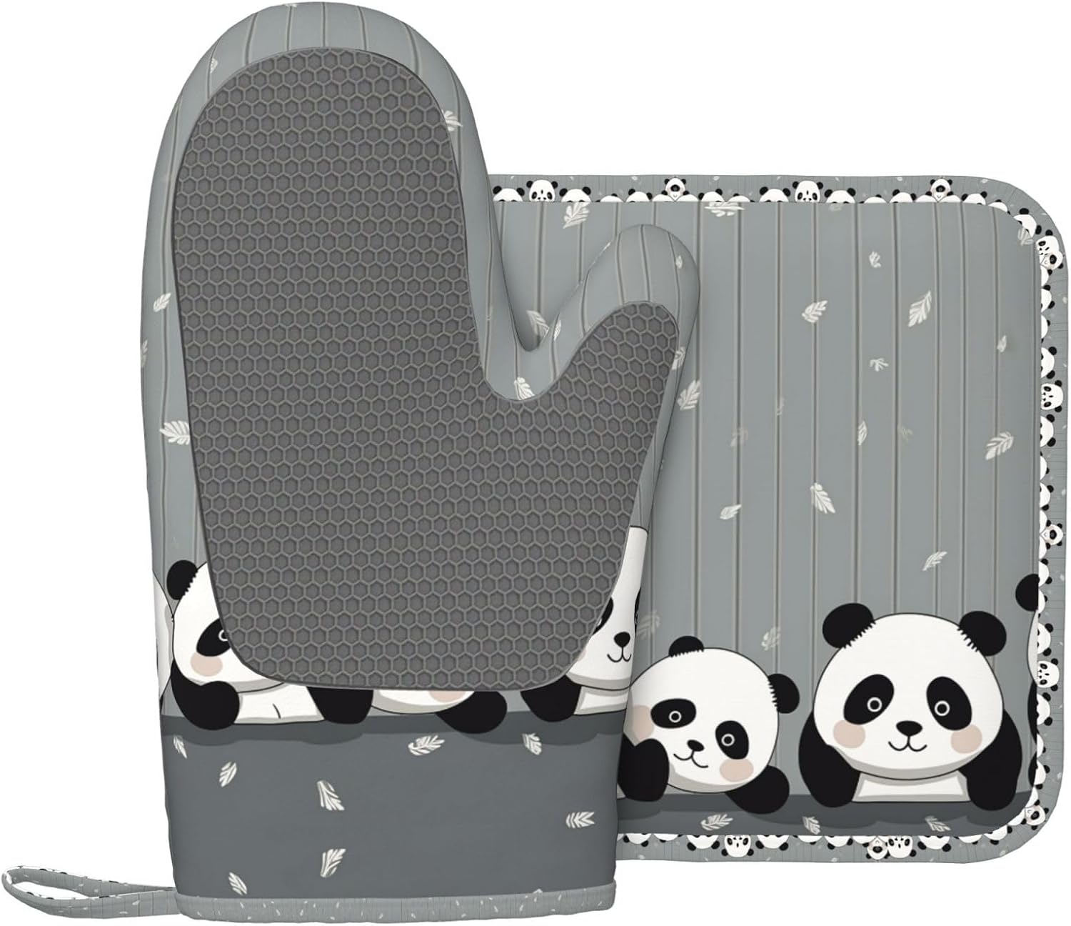 Silicone Oven Mitts and Pot Holders Set of 2, Non-Slip Heat Resistant Oven Mitten Funny Baby Panda Potholders Trendy Kitchen Decor Ideal for BBQ Cooking, Grilling Baking