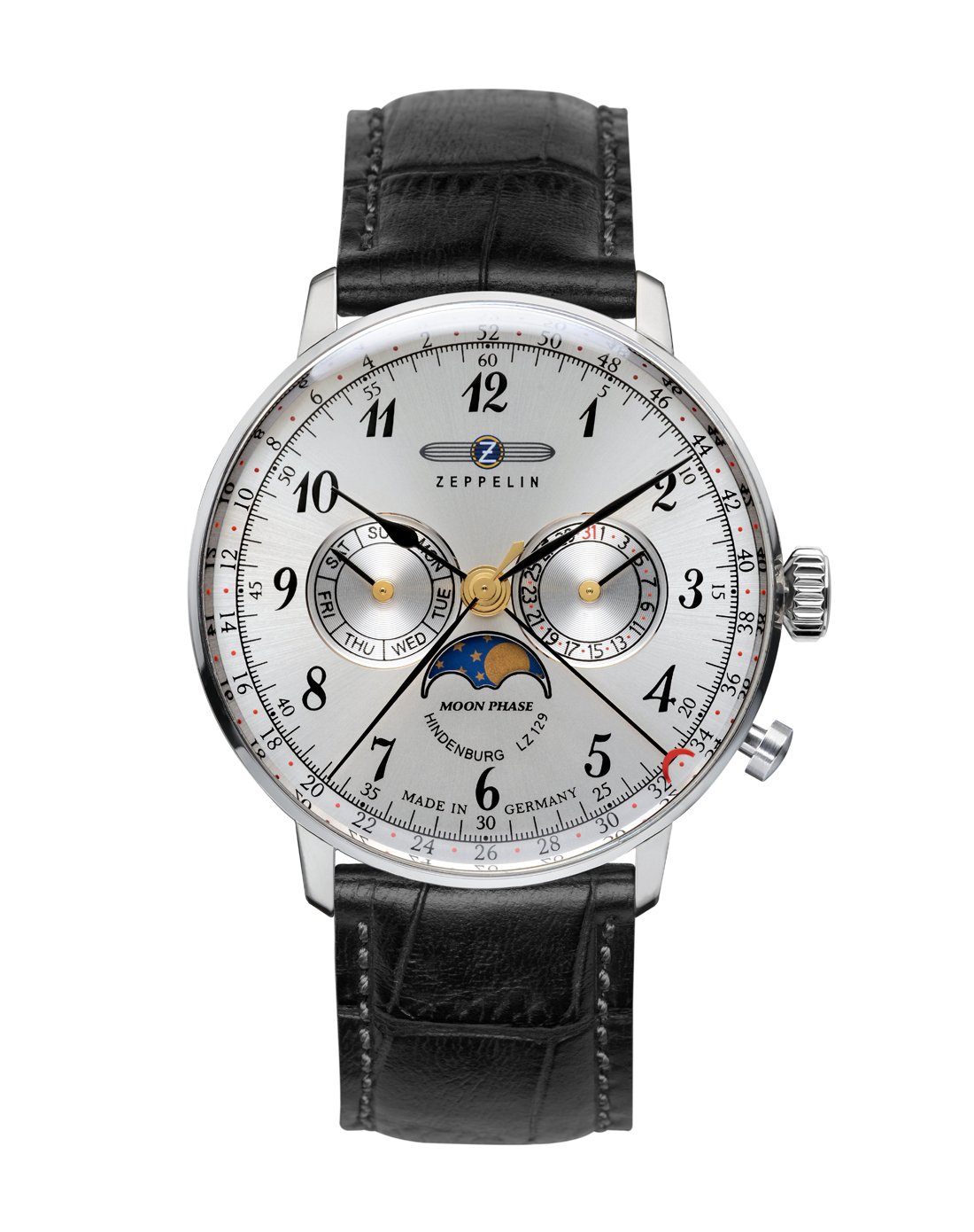 Zeppelin Series LZ129 Hindenburg Men's Multifunction Day/Date Moon Phase Watch Silver with Black Str
