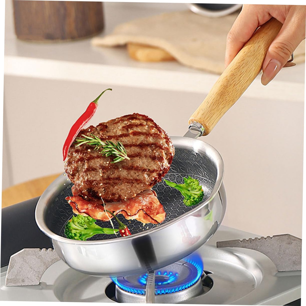 iplusmile Padella Antiaderente in Acciaio Inossidabile Con Manico in Legno Fondo Piatto e Rivestimento a Nido D'alveare Per Fritture Leggere Adatta Piani Induzione Gas Ed Elettrici Per Uova