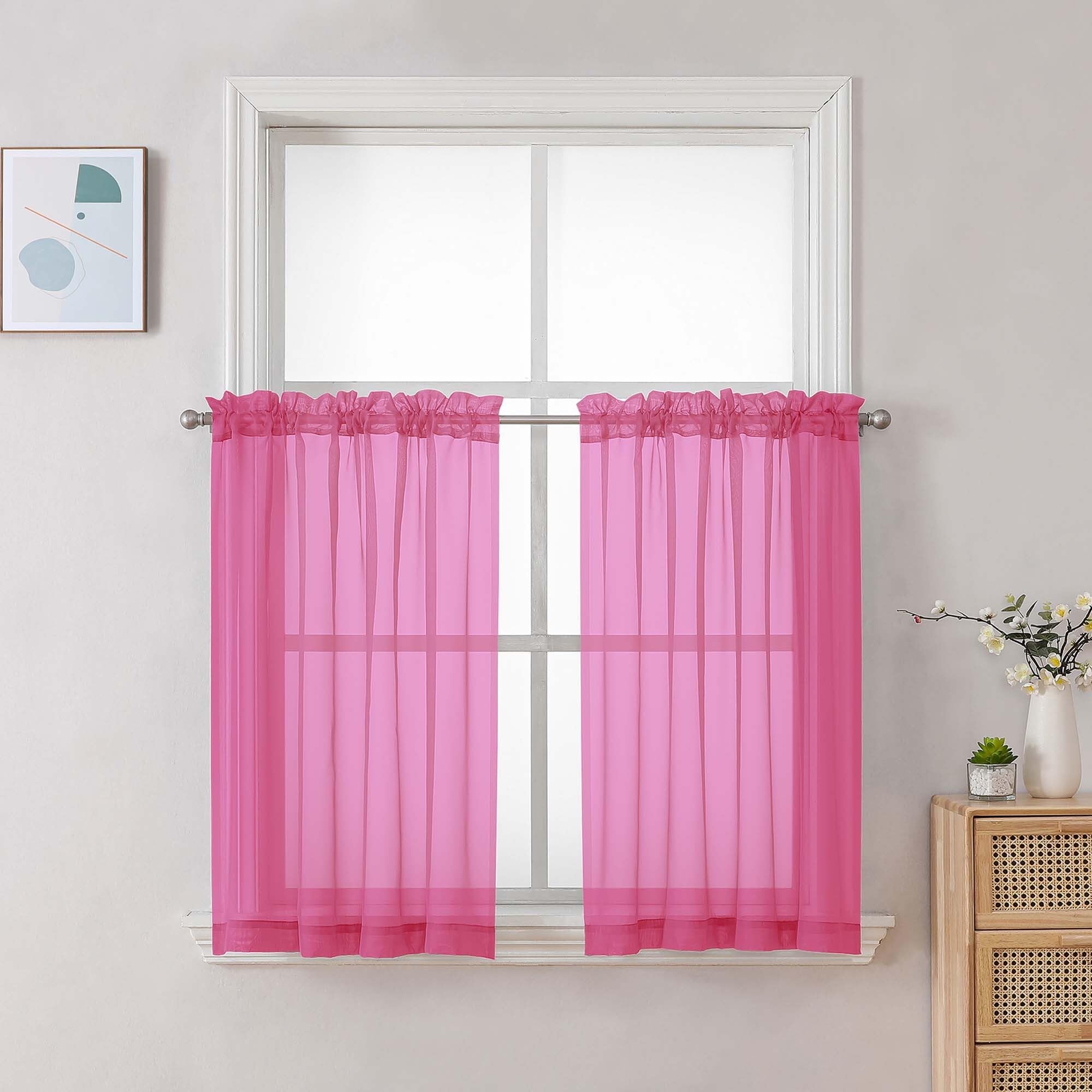 Chyhomenyc Sheer Curtains 36 inch Length 2 Panels Set, Light Filtering Voile Rod Pocket Short Window Curtians for Bathroom Living Room Farmhouse Small Windows, Each 42Wx36L in, 2PCS, Hot Pink