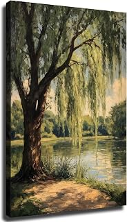 Ancient Willow Tree Landscape Wall Art, Printable Rustic Oil Painting, Serene Nature Scene, Cottagecore Wall Decor, Tranquil Vintage Decor (Framed,08×12 inch)