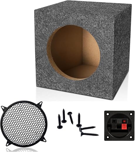 8 Inch Subwoofer Empty Speaker Box Grey Enclosure with Grille, Speaker Terminal and Mounting Screws