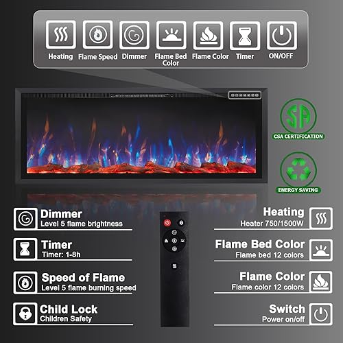 Miniatura 5 de Chimenea eléctrica de 60 pulgadas, marco de aluminio ultra estrecho y pantalla ancha, insertos de chimenea eléctricamontado en la pared con