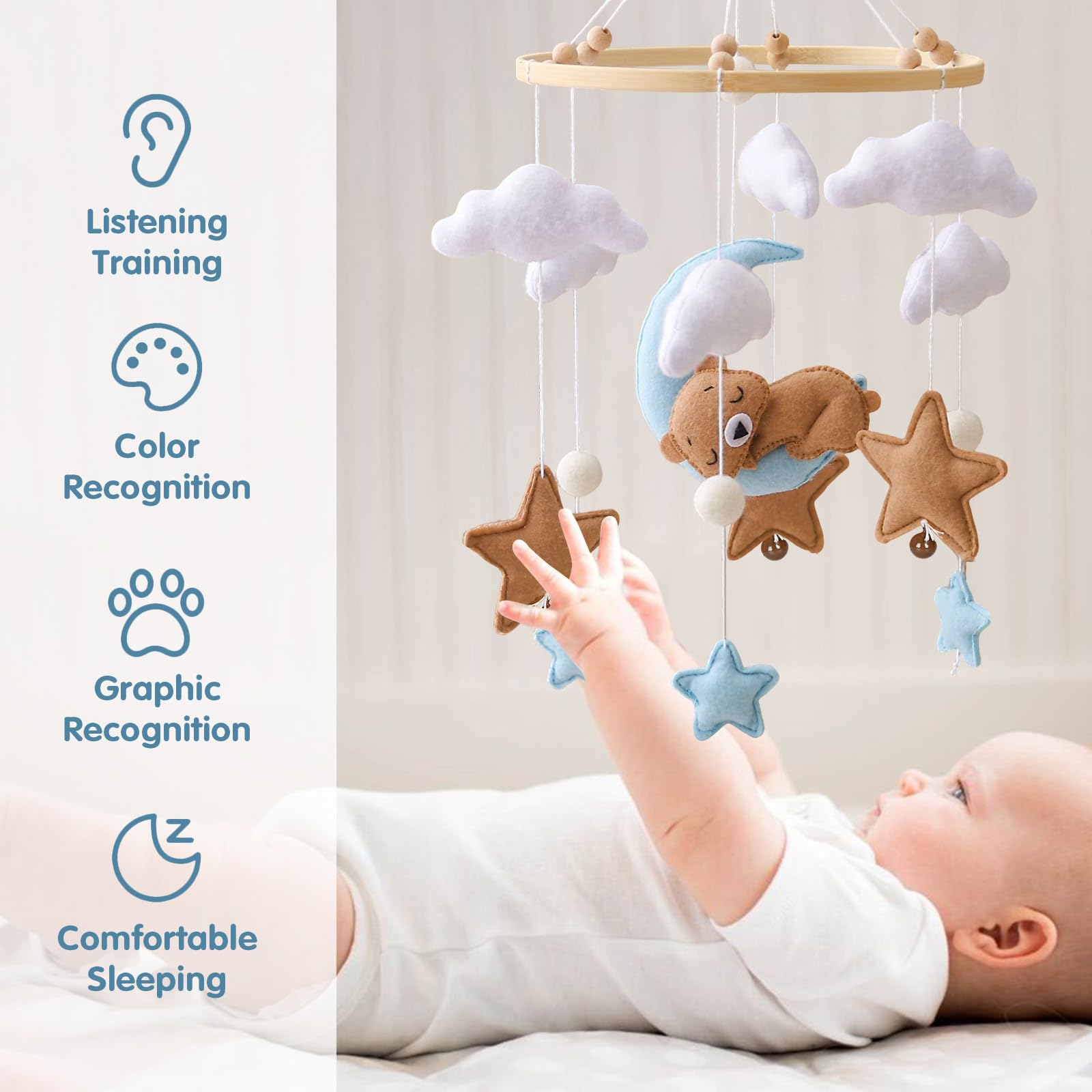 Baby Campanelli Eolici Mobile in Feltro Giostrina Culla Neonato Legno Orso Nuvole Luna Stelle Campane Decorazione Regali Neonati