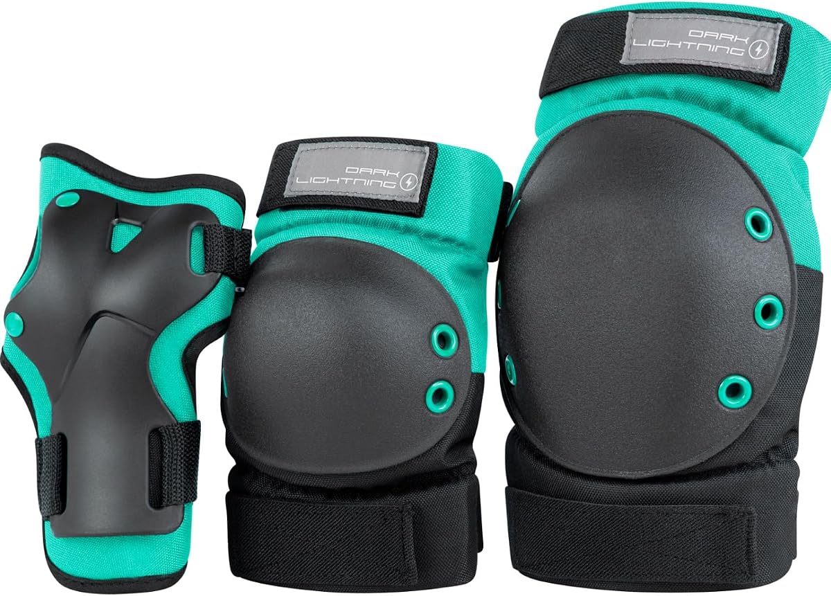 Dark Lightning Kids/Junior/Youth Knee Pads Elbow Pads Wrist Guards 3 in 1 Protective Gear, for Skateboard,Roller Skate,Inline,Cycling,MTB Bike,Scooter(Green,M)