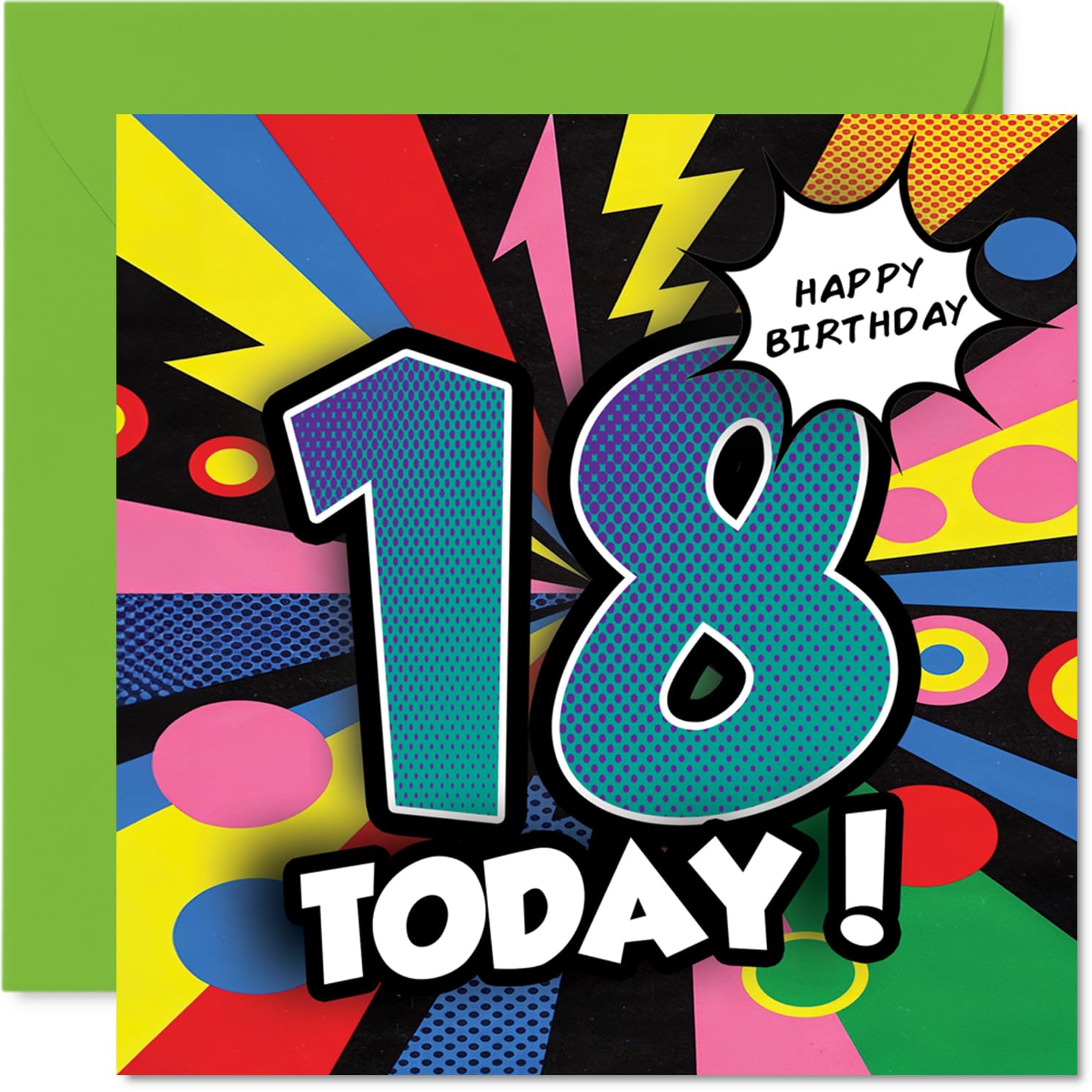 Celebratory 18th Birthday Card - Comic Splash of Colour - Vibrant 18th Birthday Design with Bold Comic-style Graphics - Bursting with Party Energy - 145mm Square, Envelope Included