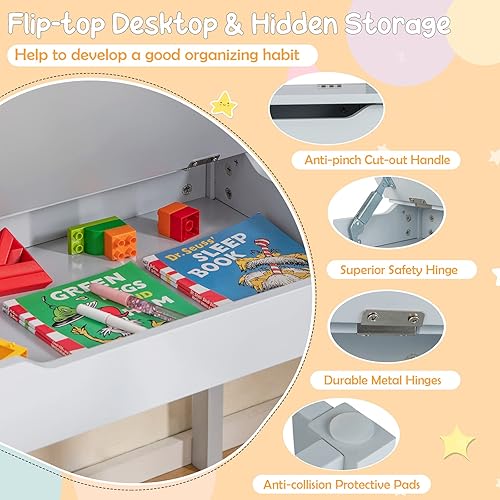 Miniatura 3 de Costzon Juego de mesa y silla para niños, mesa de manualidades con tapa abatible para niños con silla para sala de juegos, jardín de infantes, juego