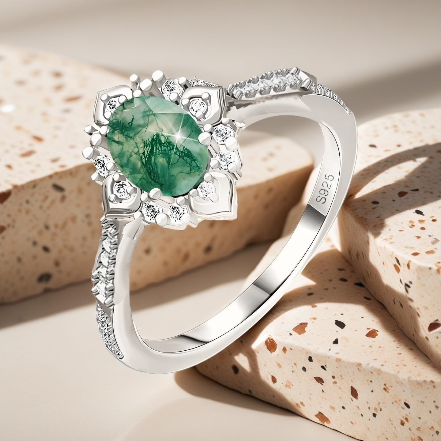 S925 Sterling Silver Natural Moss Agate Ring Engagement Ring Wedding Promise Ring Jewelry for Women - Image 2