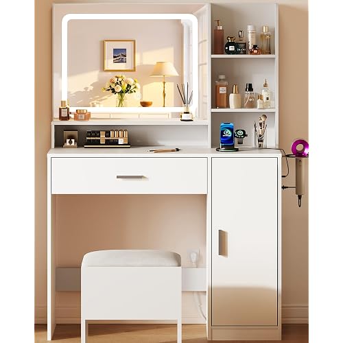 WLIVE Small White Vanity Desk with Mirror and Lights, Vanity Without Chair | LED Strip Mirror, 3 Color Modes, Adjutable Brightness, Storage Drawer & Cabinet, Power Outlet, Bedroom Makeup Table For Women