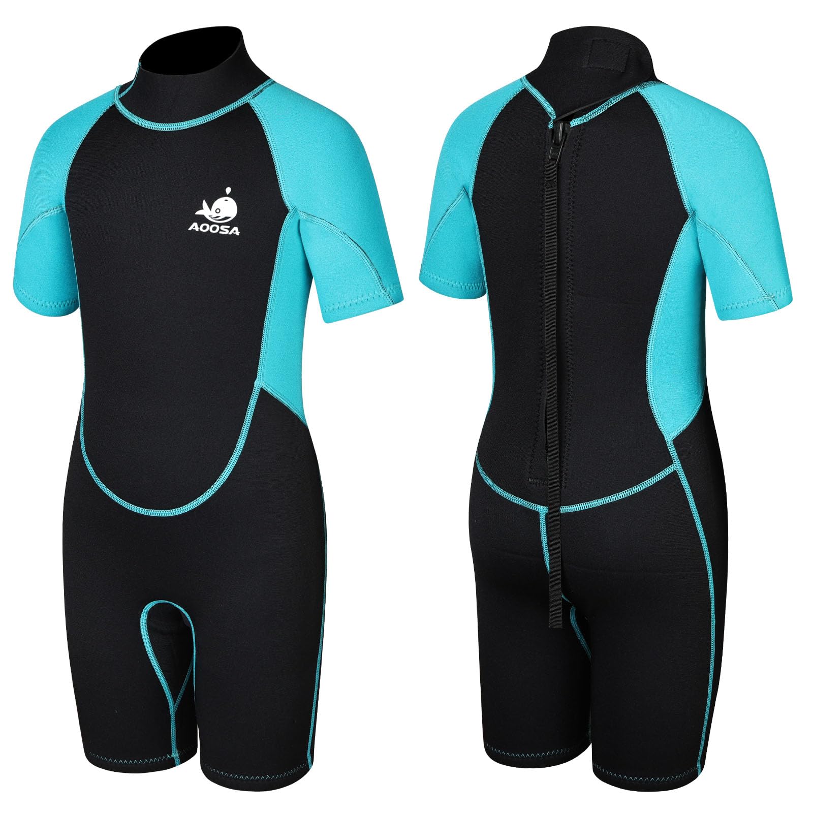 AOOSA Kids Wetsuit for Boys Girls, 2.5mm Neoprene Thermal Swimsuit for Toddlers, Back Zip Shorty Wetsuit for Water Sports Swimming Snorkeling Surfing Diving (Lake Blue, S)